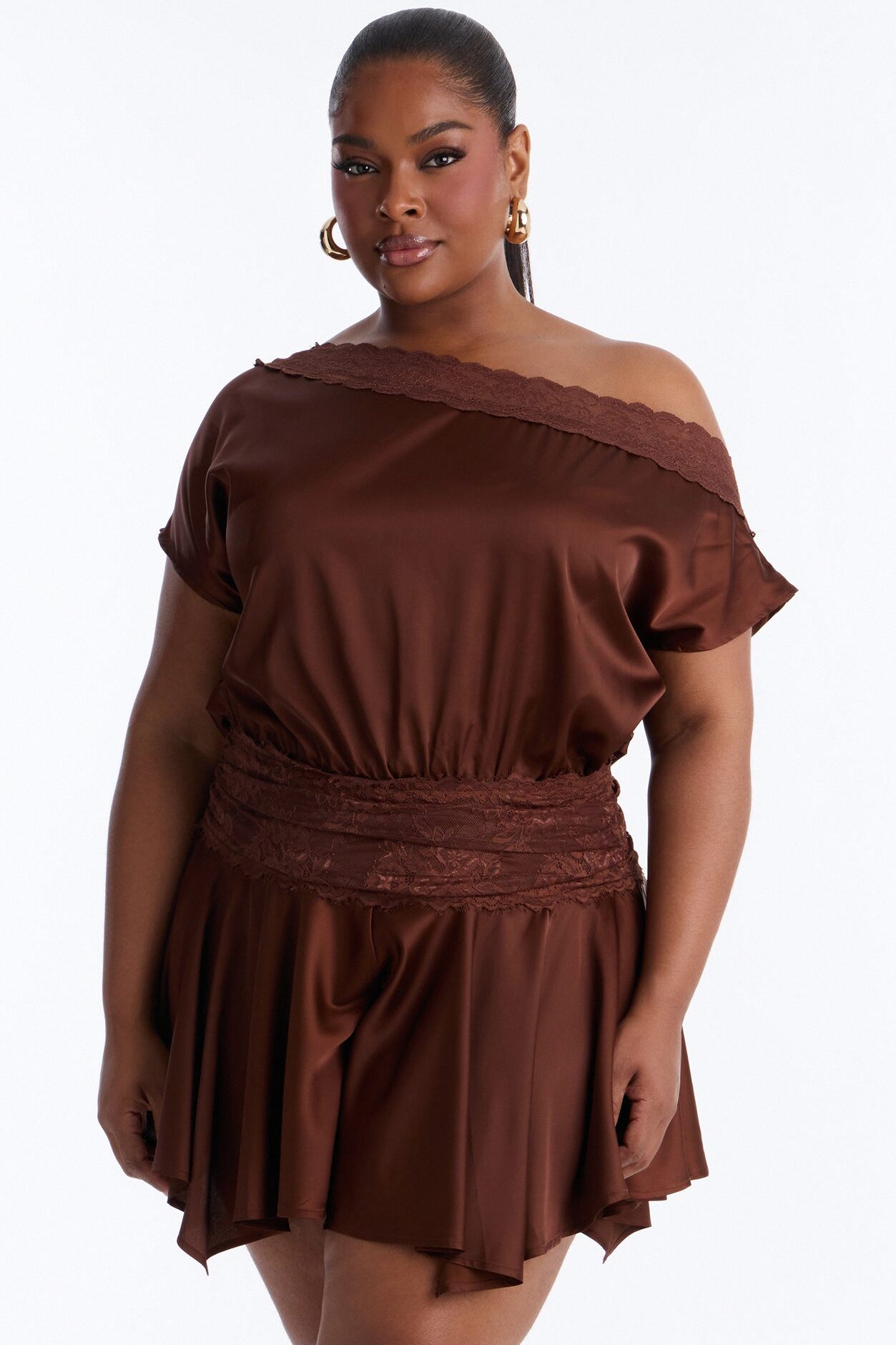 Irina Satin Off Shoulder Lace Romper - Chocolate