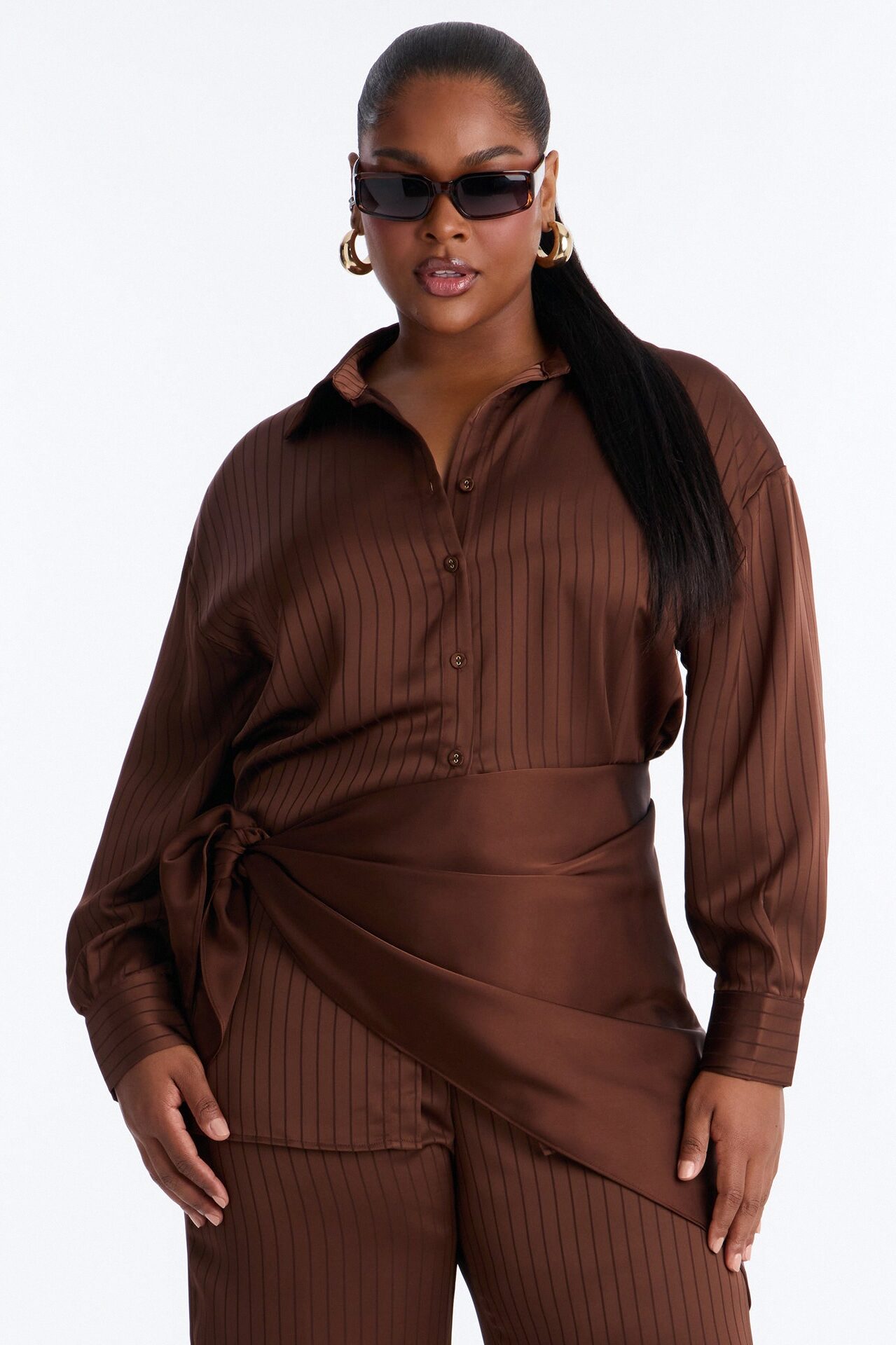 Lana Satin 3 Piece Scarf Pant Set - Chocolate