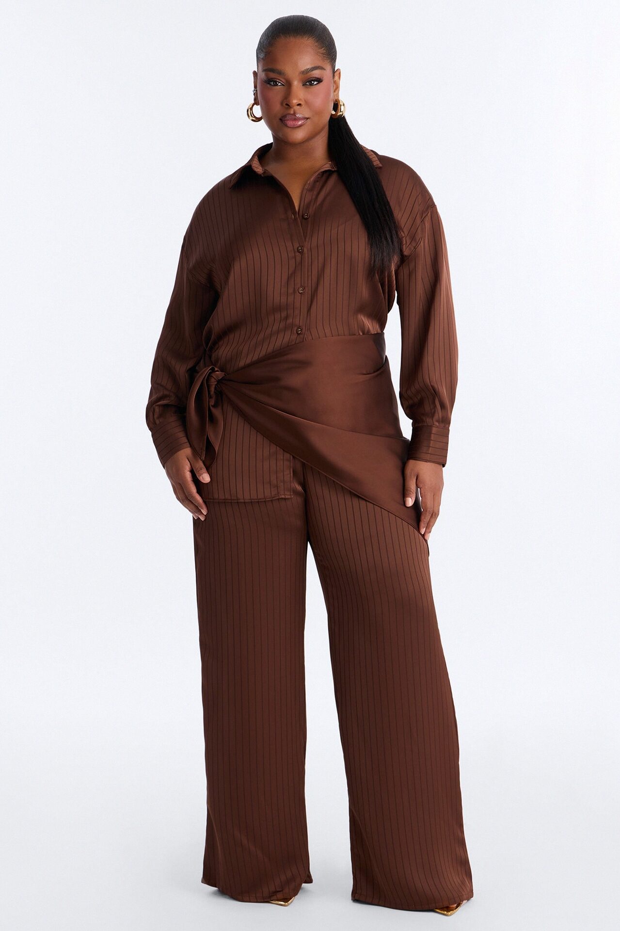 Lana Satin 3 Piece Scarf Pant Set - Chocolate