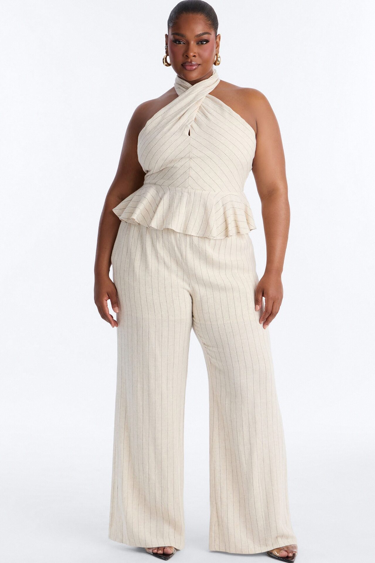 Making Headlines Pinstripe Linen Pant Set - Cream