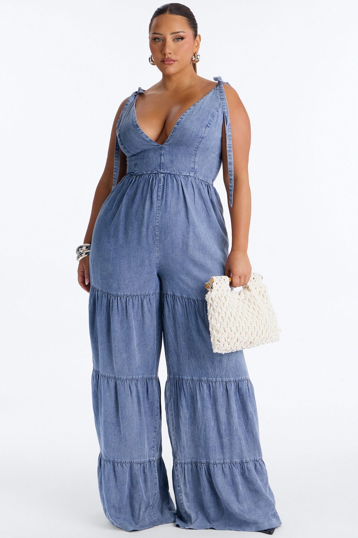 Keep Up Chambray Tiered Jumpsuit - Medium Wash