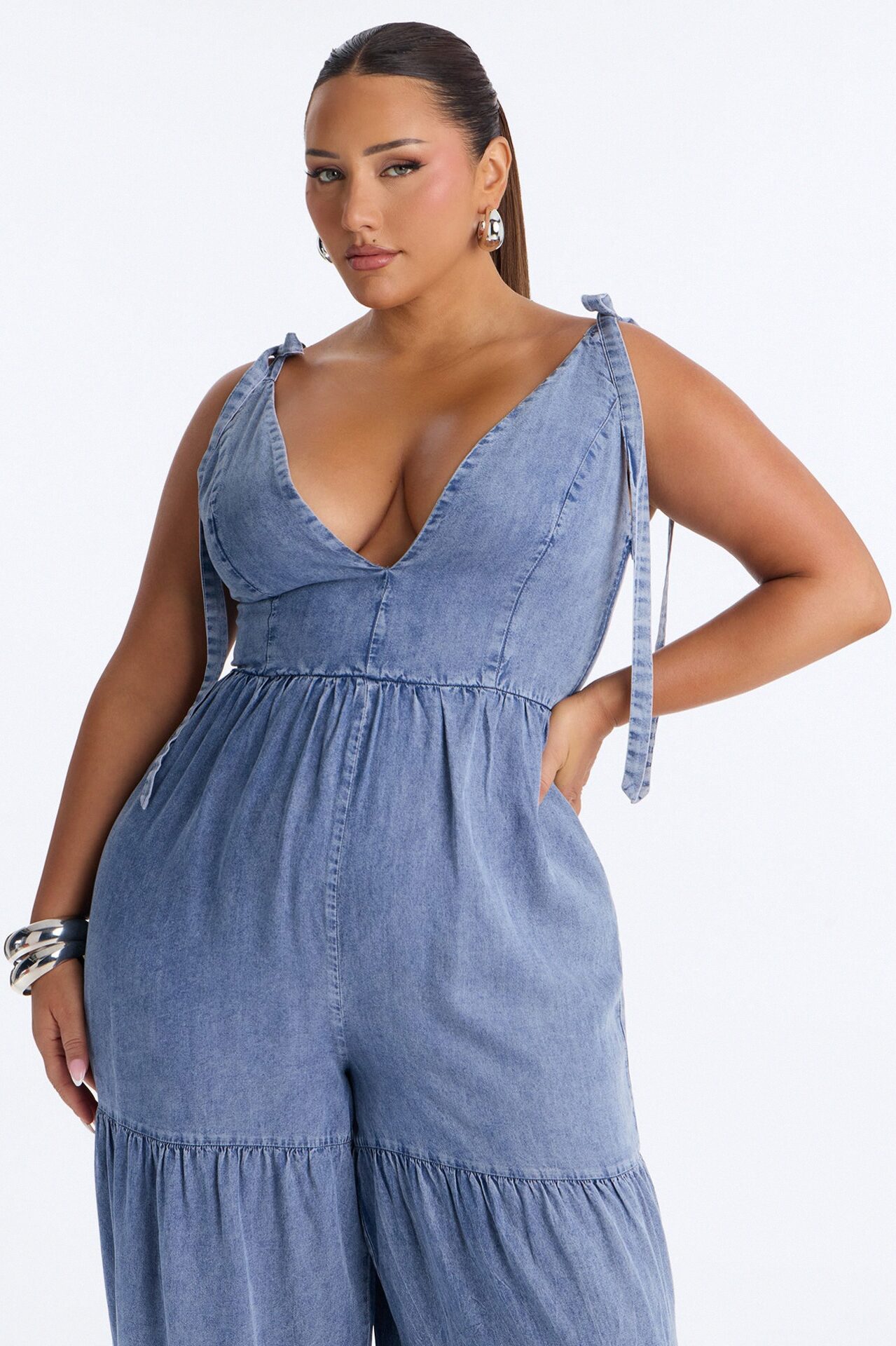 Keep Up Chambray Tiered Jumpsuit - Medium Wash