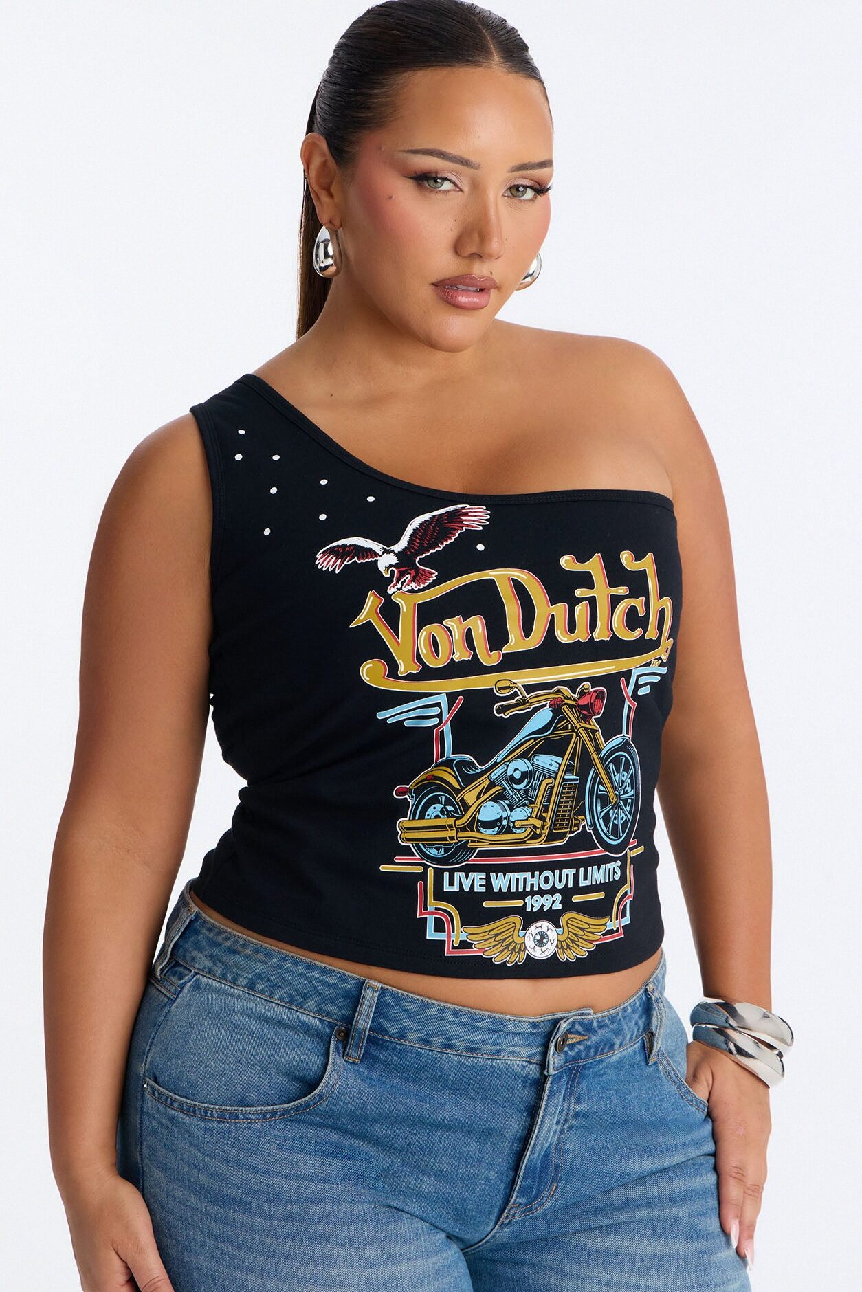 Von Dutch Rocker One Shoulder Tank With Studs - Black
