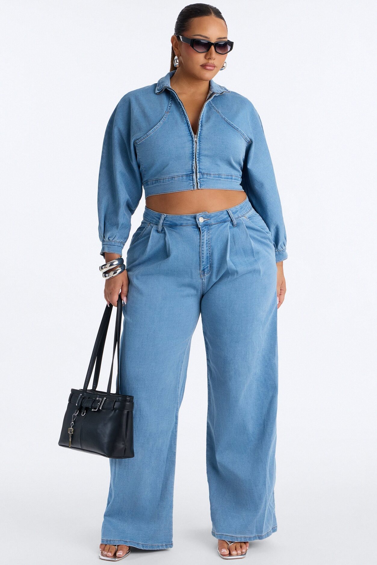 Fade Into You Jacket Knit Denim Pant Set - Denim