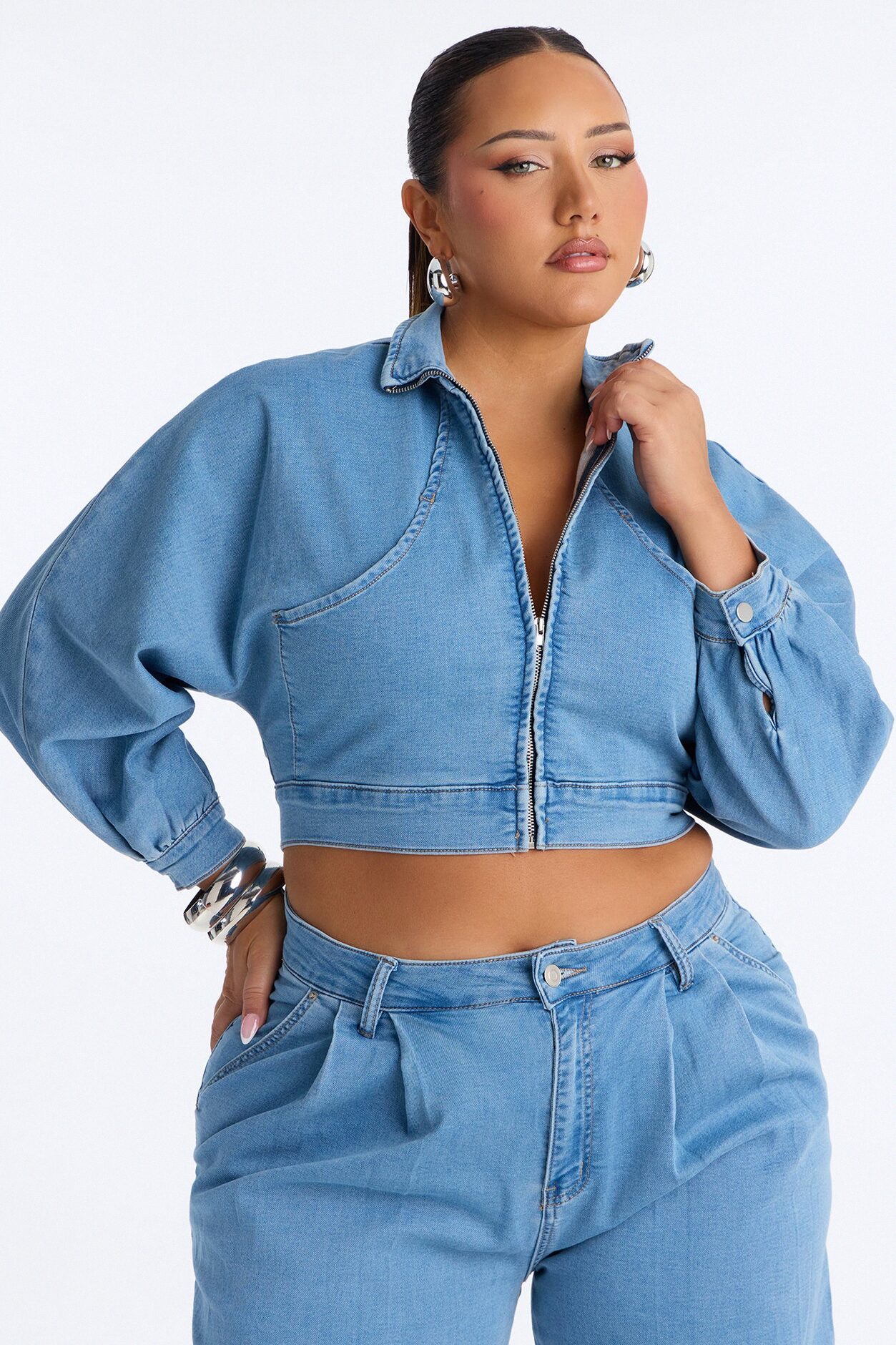 Fade Into You Jacket Knit Denim Pant Set - Denim