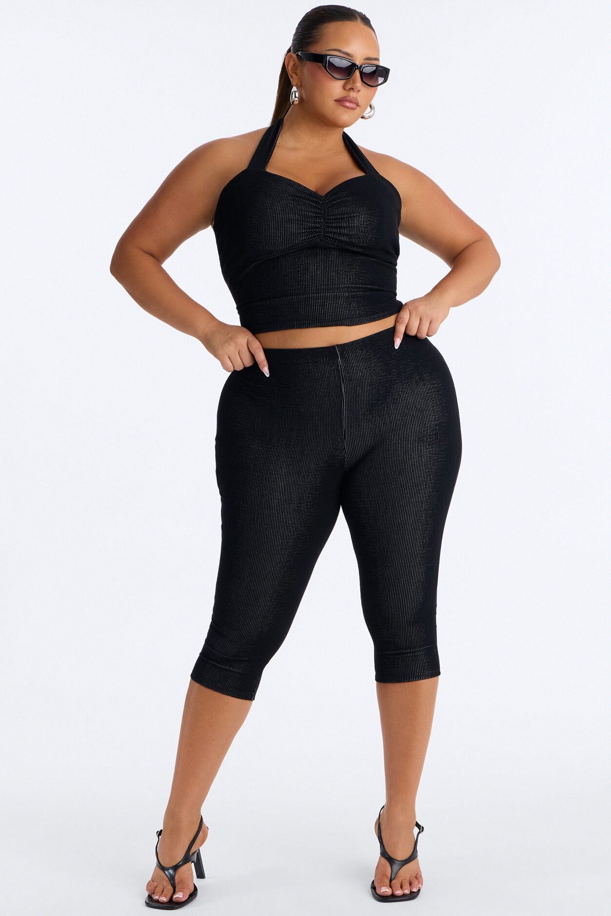 Liana Halter Ribbed Capri Set - Black