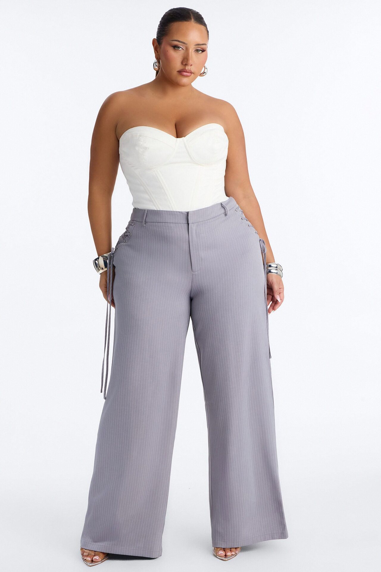 All Laced Up Low Rise Pinstripe Trouser - Light Grey