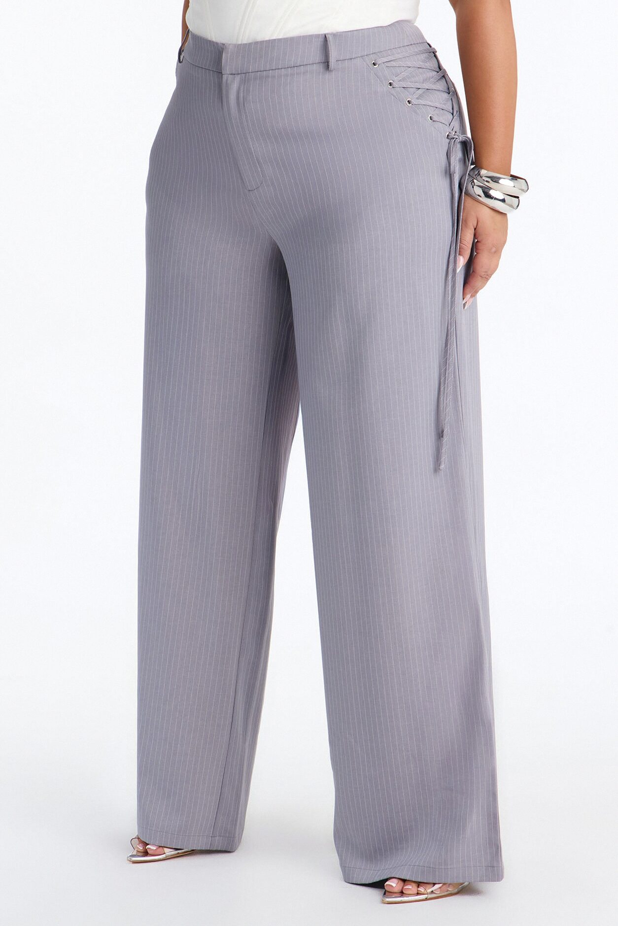 All Laced Up Low Rise Pinstripe Trouser - Light Grey
