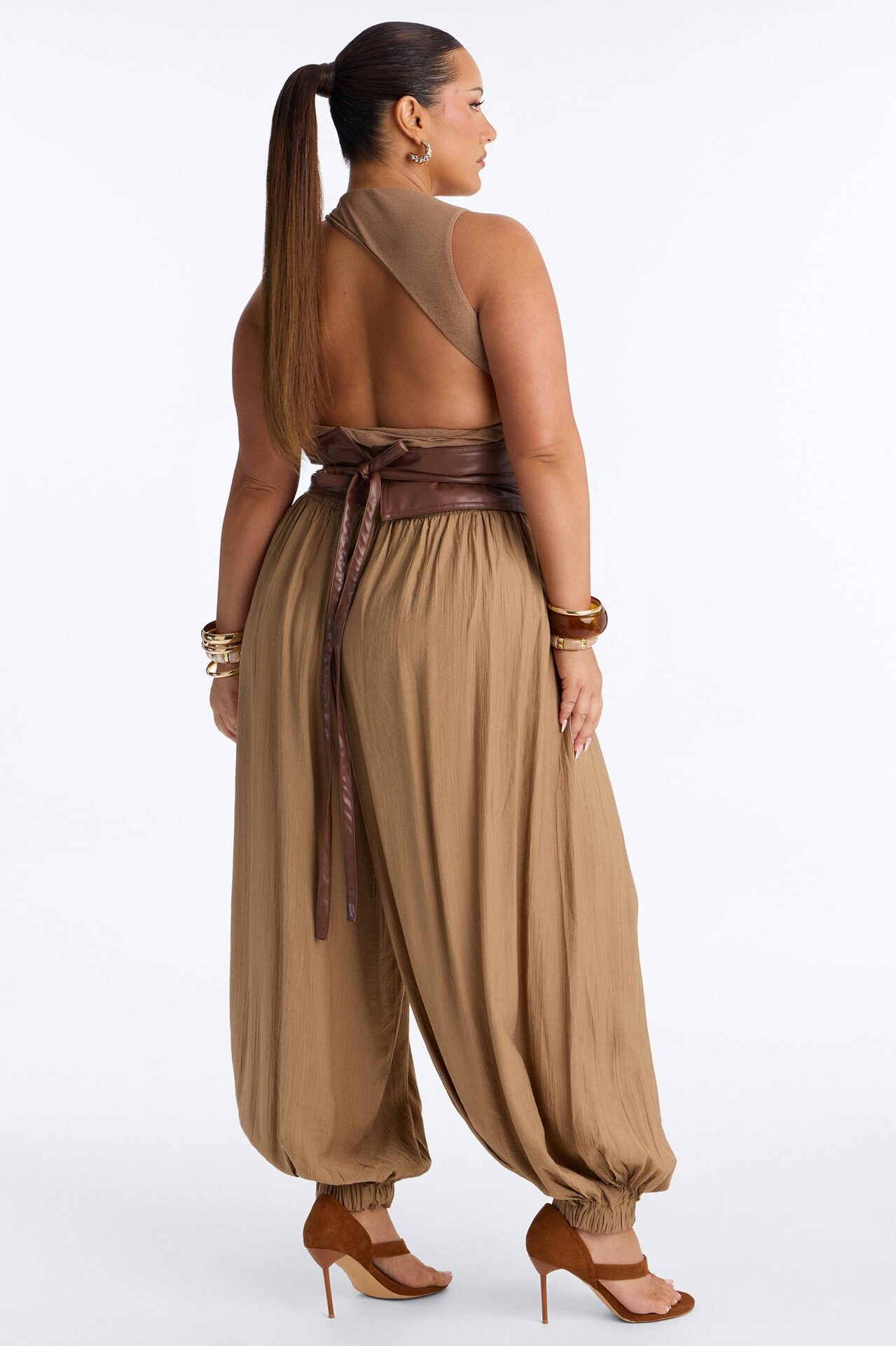 Tiana 3 Piece Belted Balloon Pant Set - Camel