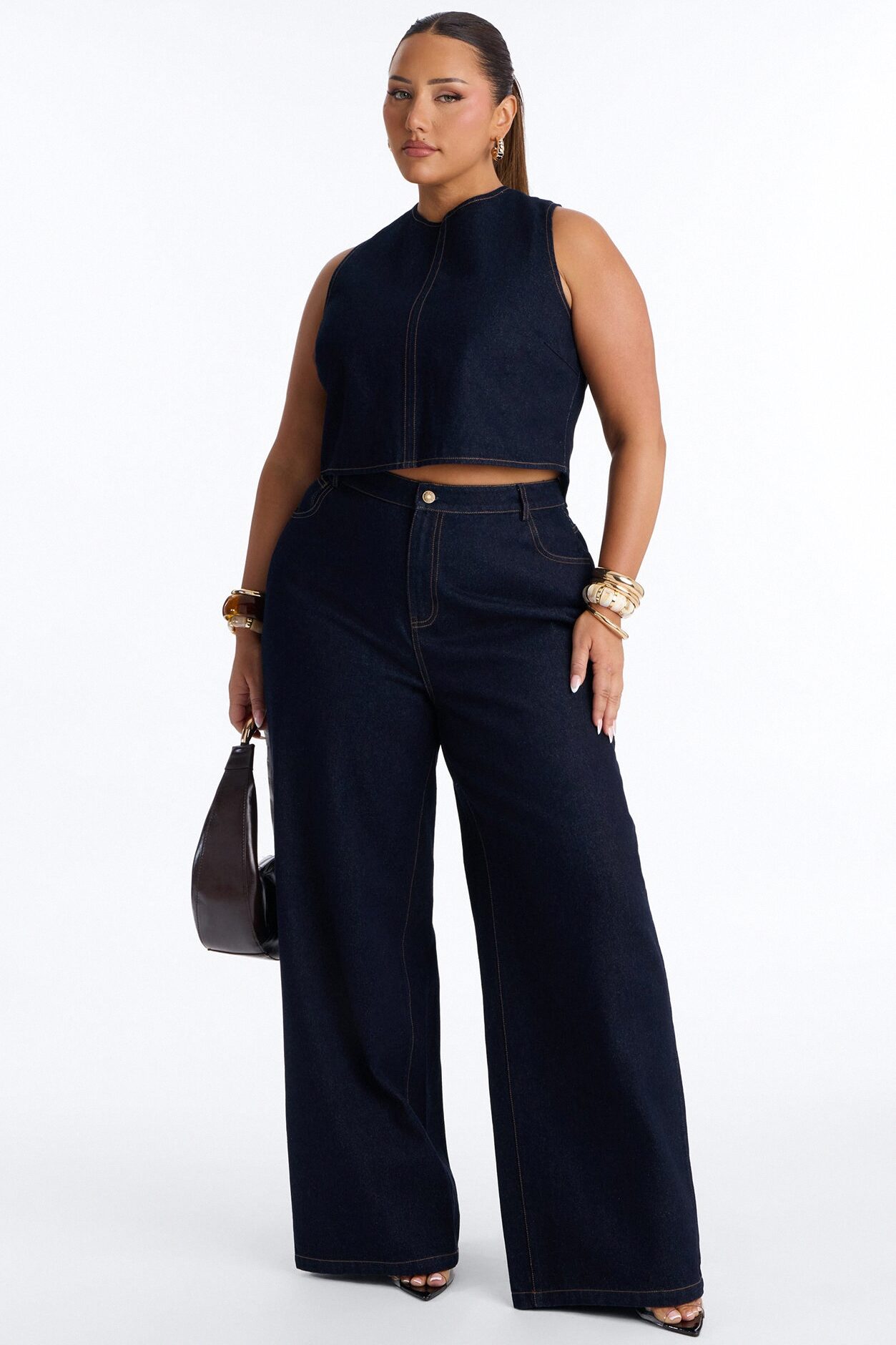 Kelsey Lace Up Back Denim Pant Set - Dark Wash