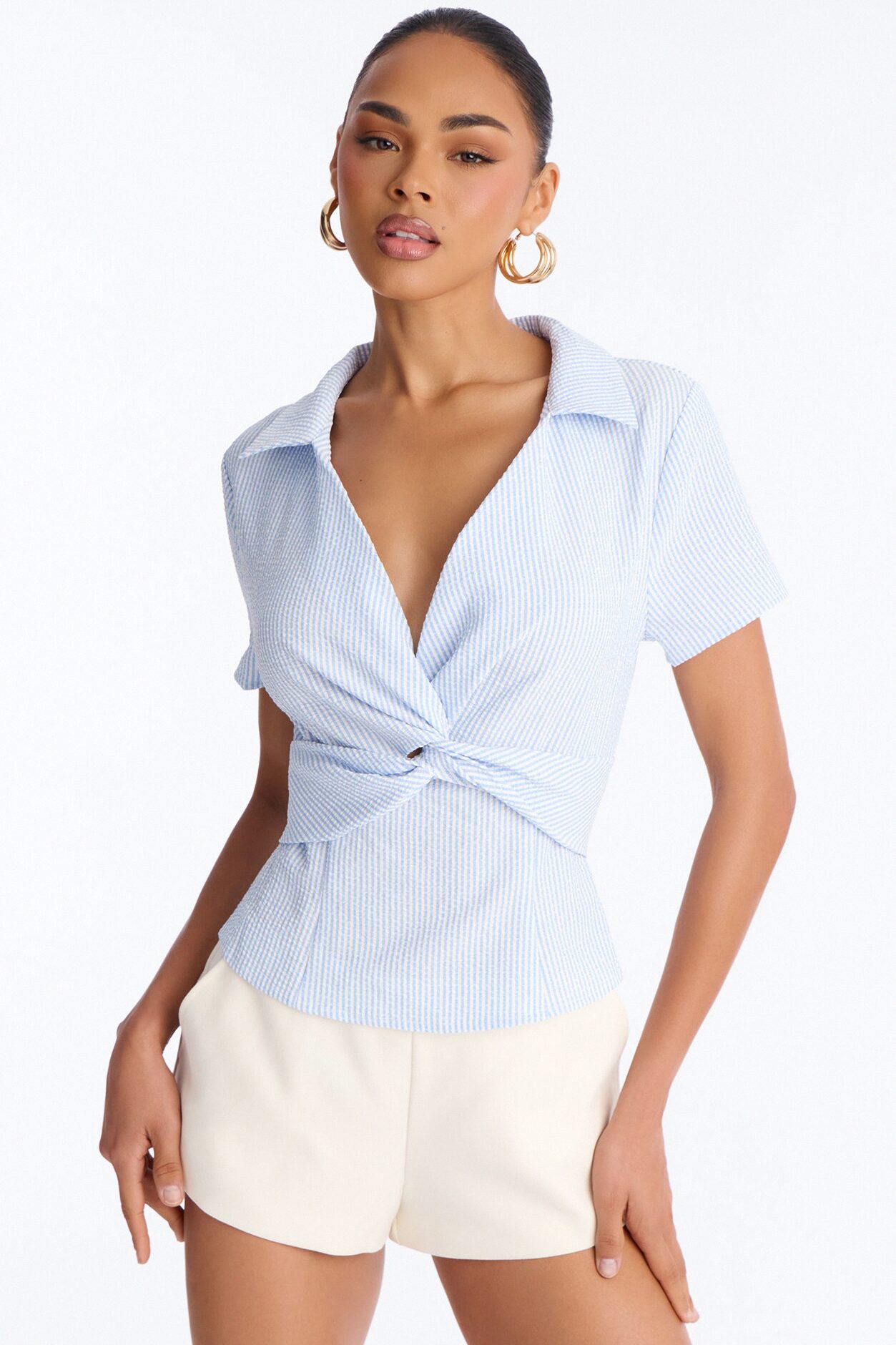 Emma Twist Front Striped Gauze Top - Blue/combo