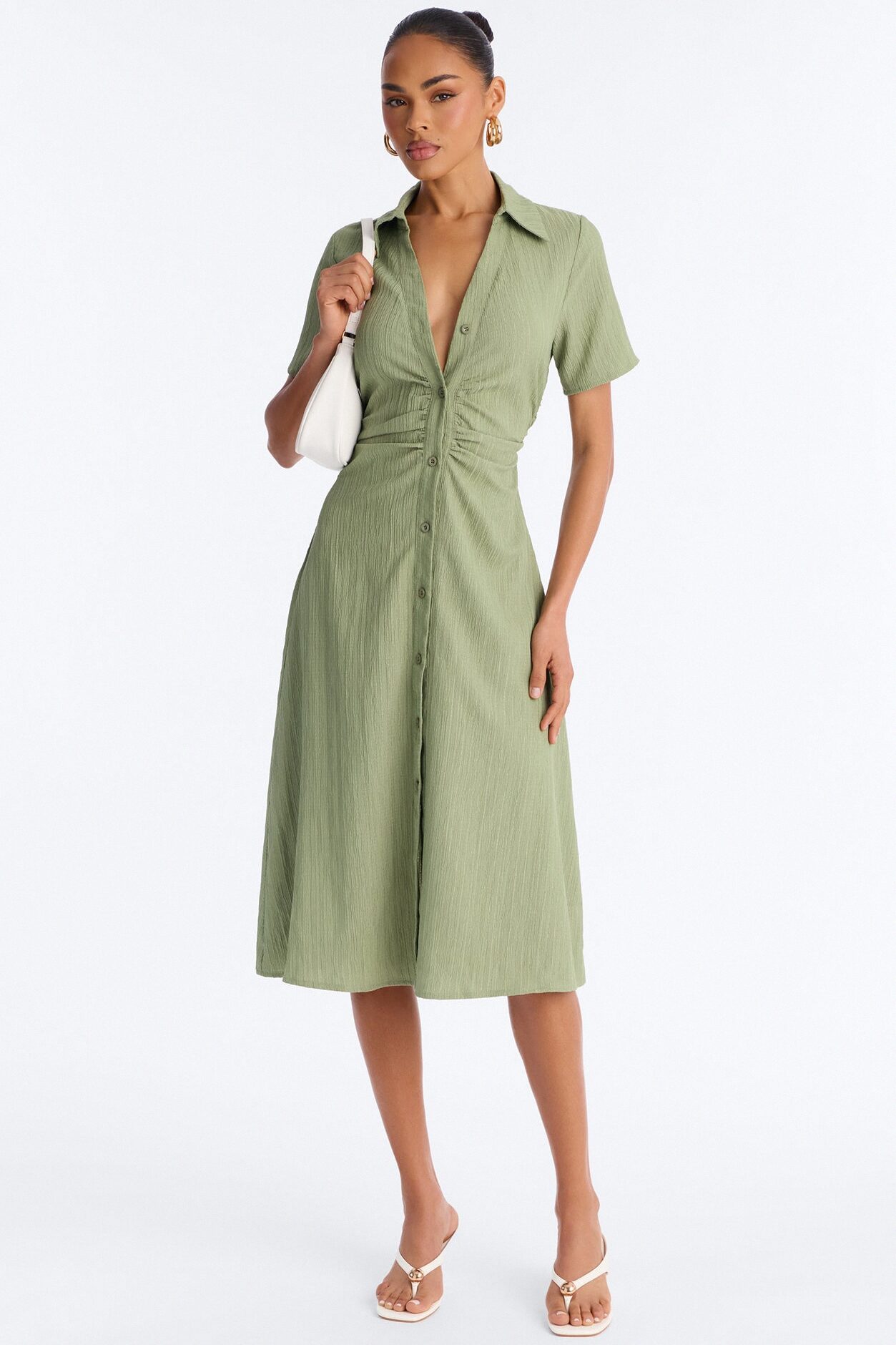 Carmen Ruched Shirt Midi Dress - Olive