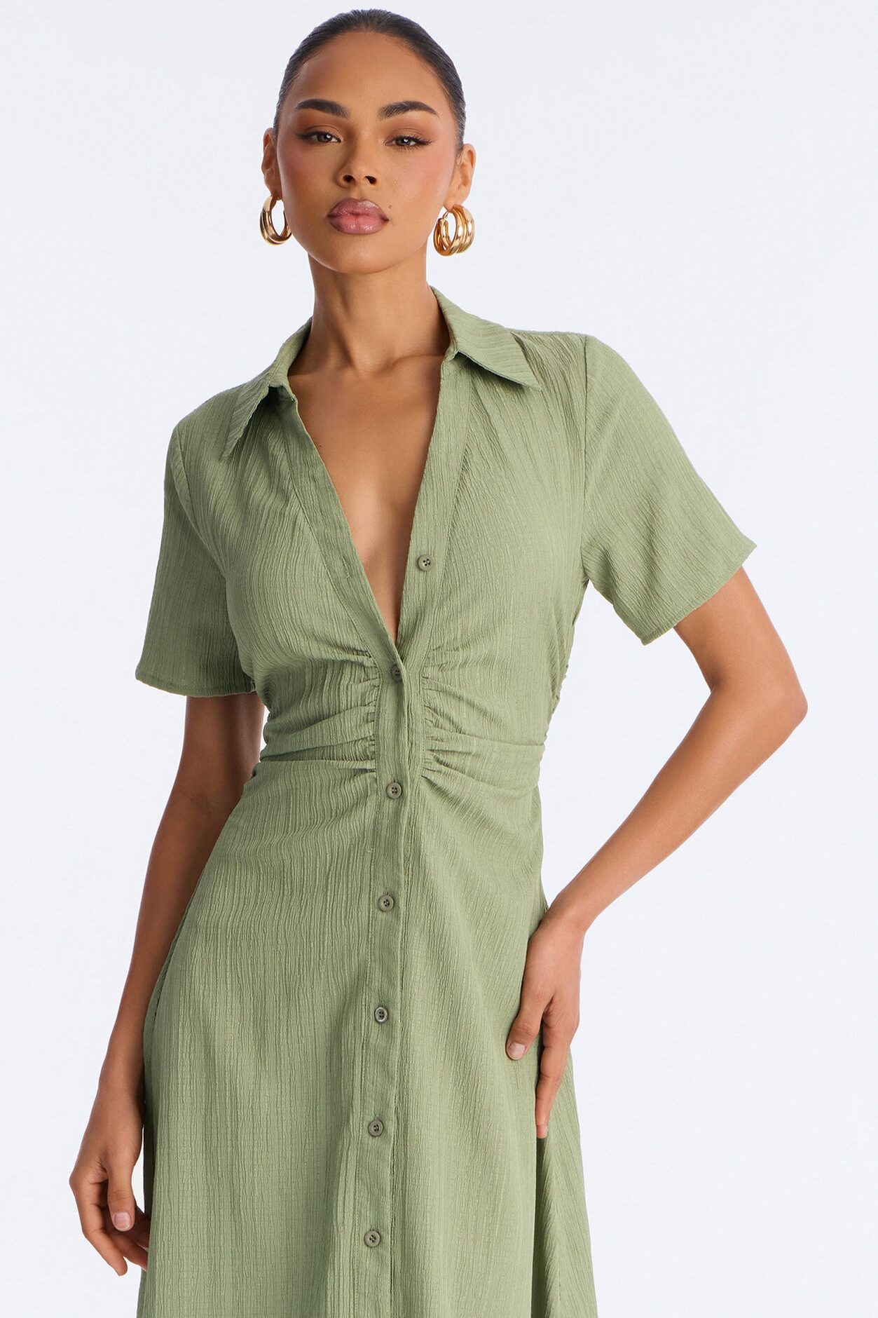 Carmen Ruched Shirt Midi Dress - Olive