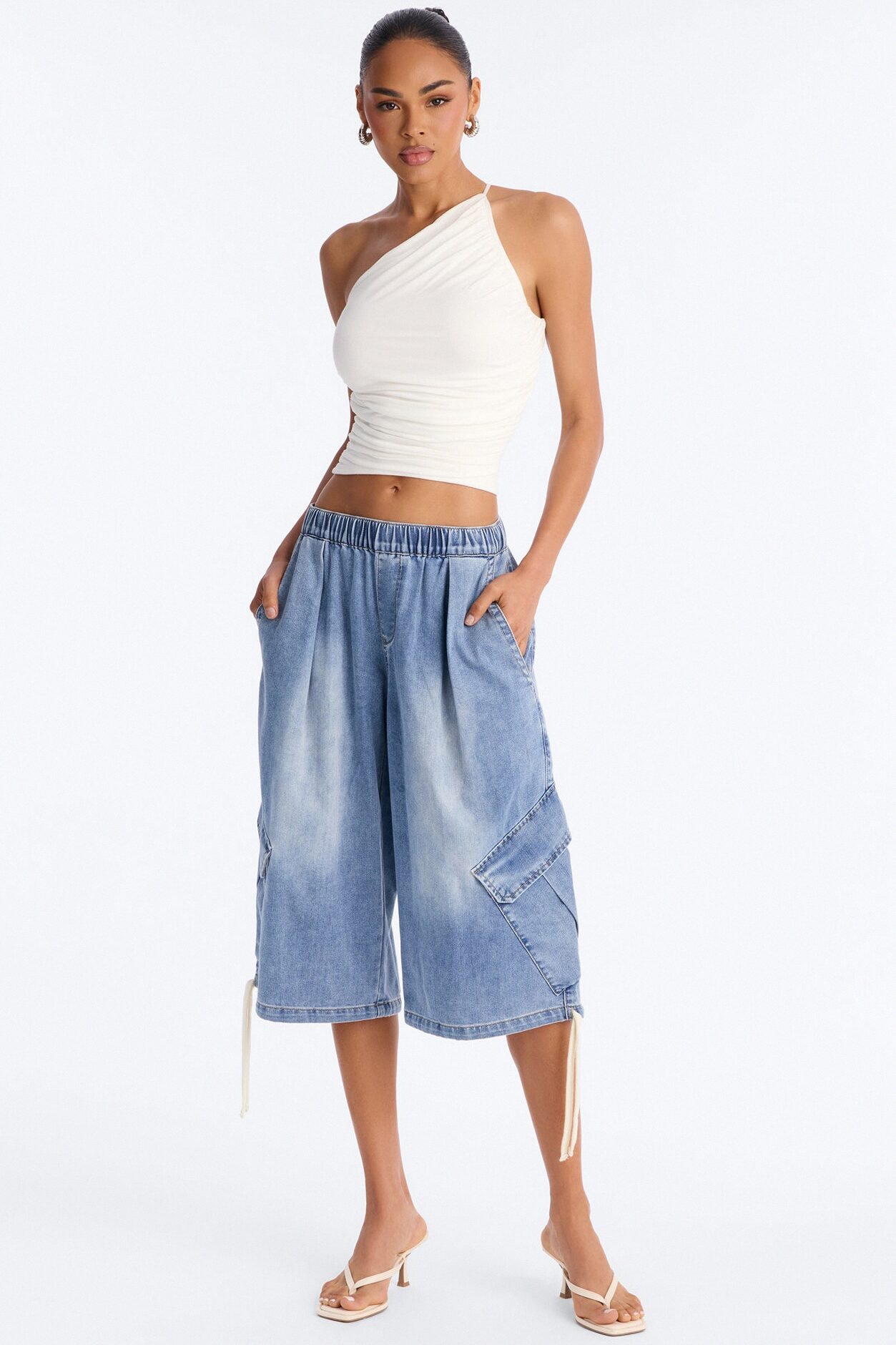 Kehlani One Shoulder Ruched Sleeveless Top - White