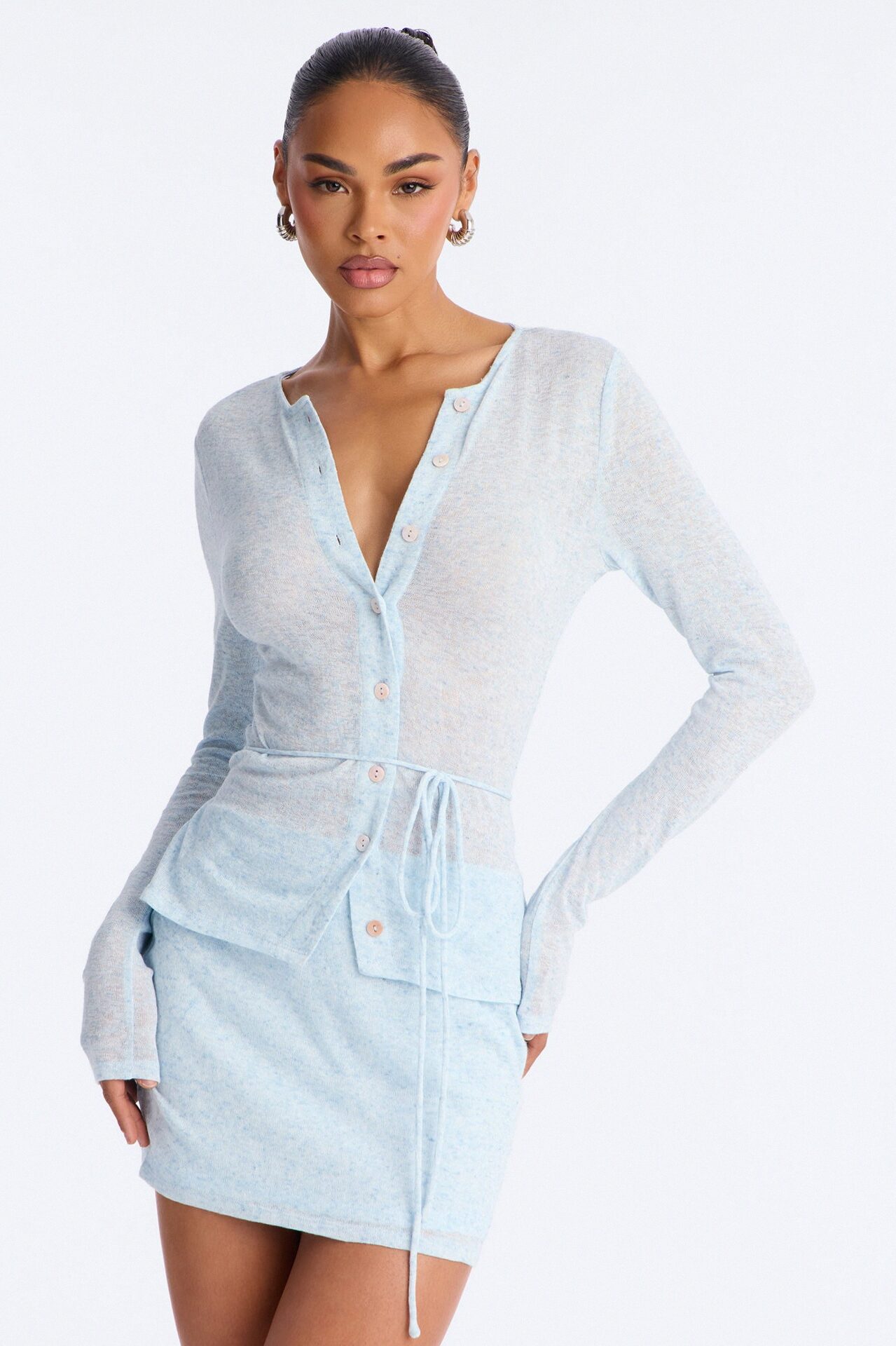 Elora Button Up Sweater Mini Dress - Light Blue