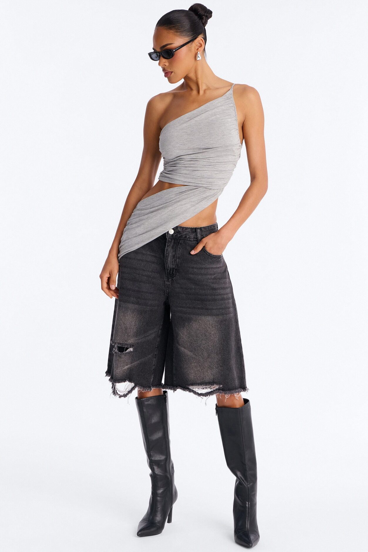 Sierra Ruched One Shoulder Drape Top - Heather Grey