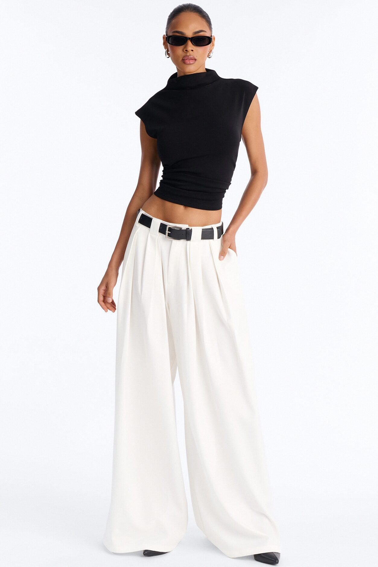 No Brainer Belted Wide Leg Pleated Pant - White