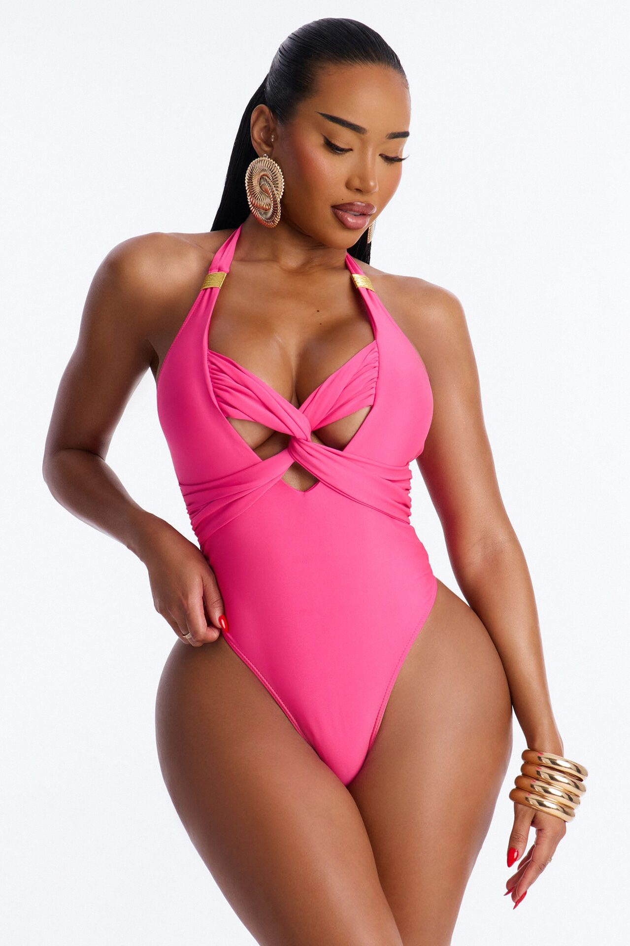 Sand Castle Twisted Cut Out Hardware 1 Piece Swimsuit - Raspberry