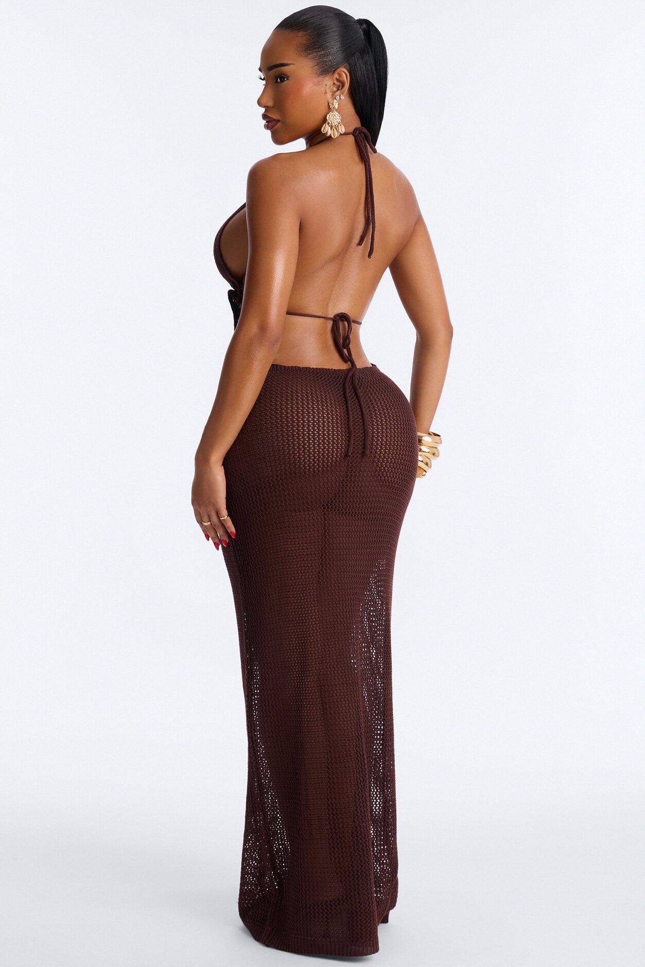 Maren Crochet Swim Cover Up Halter Maxi Dress - Dark Brown