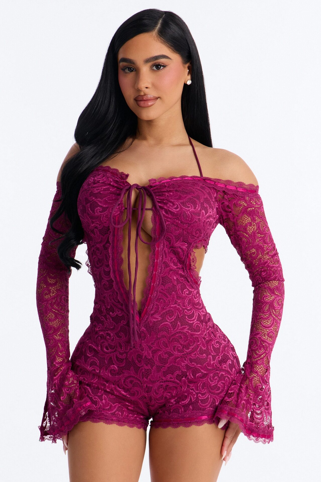Tiana Lace Cut Out Micro Romper - Wine
