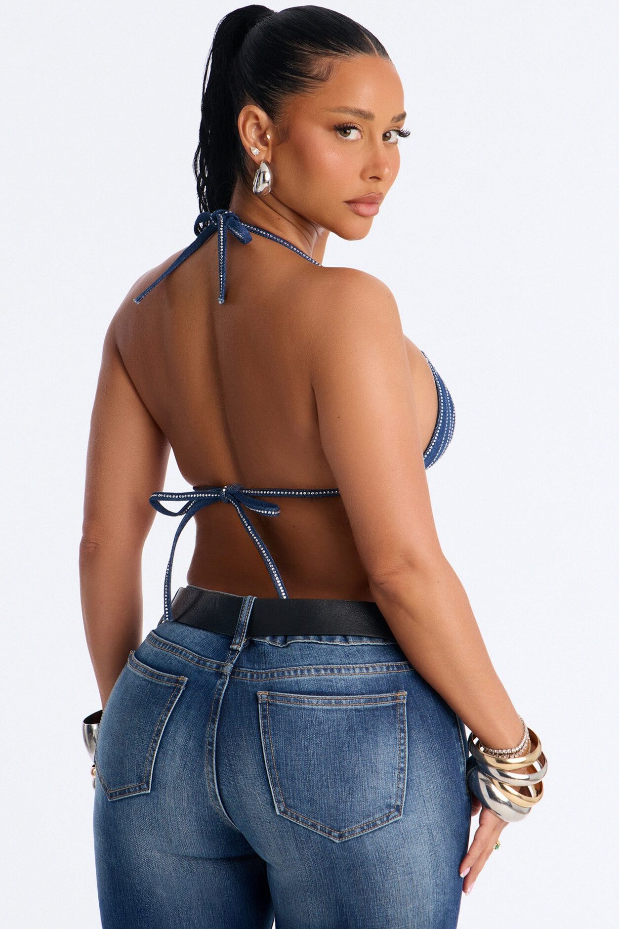 Bedazzled Everything Rhinestone Denim Bra Top - Dark Wash