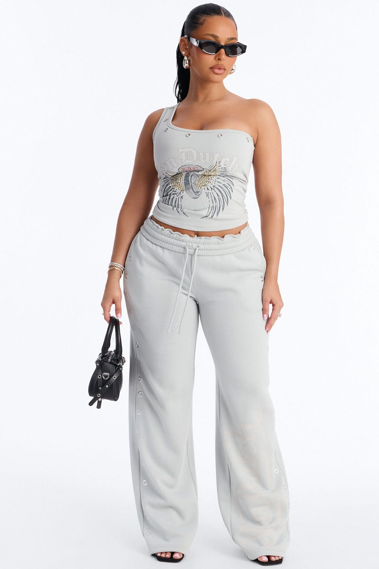 Von Dutch Rocker One Shoulder Studded Tank - Grey