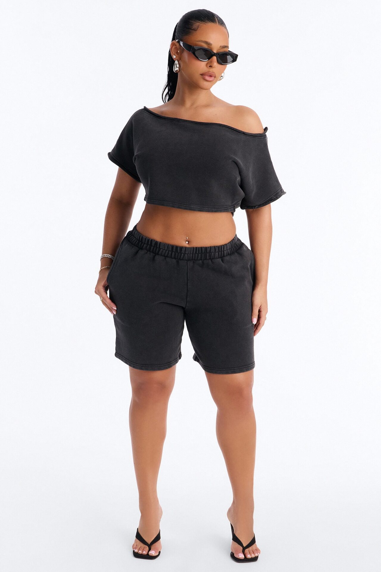Shia Off Shoulder Short Set - Charcoal