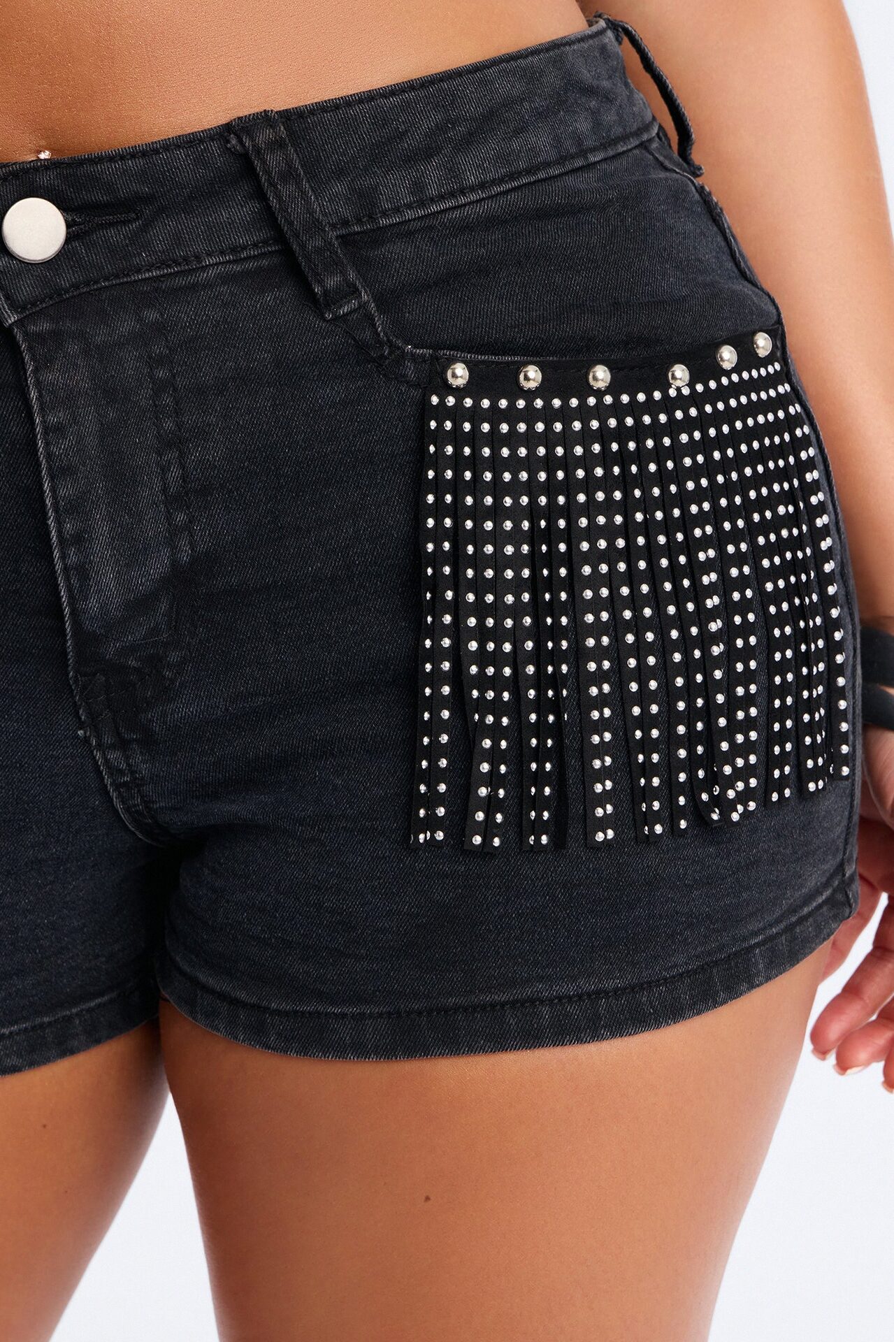 Shaking It Embellished Fringe Denim Shorts - Black Wash