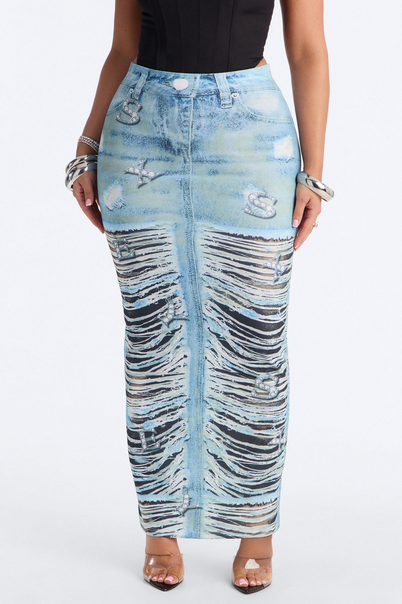 Bling Behavior Printed Knit Ankle Maxi Skirt - Blue/combo