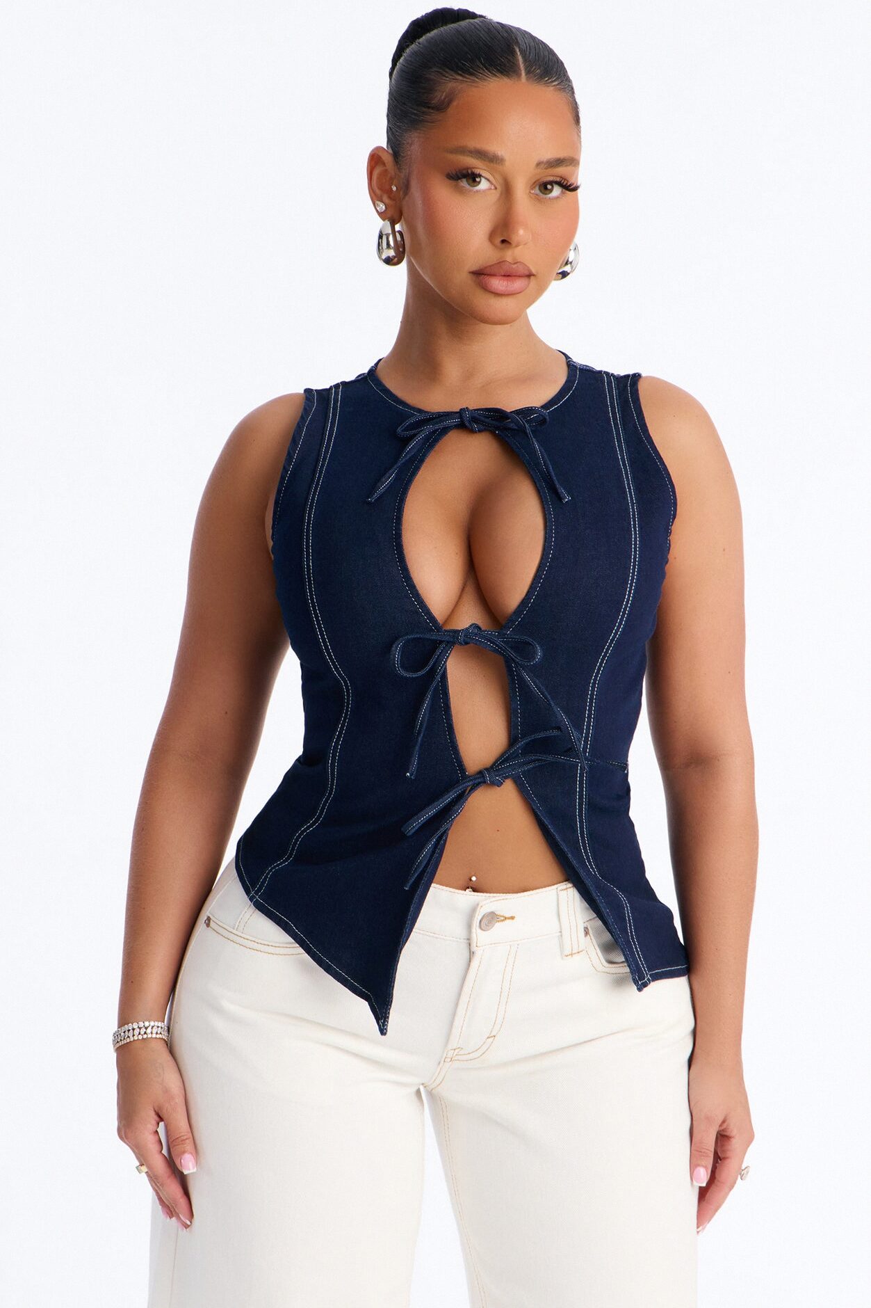 Weekend Glow Strappy Tie Front Denim Top - Dark Wash