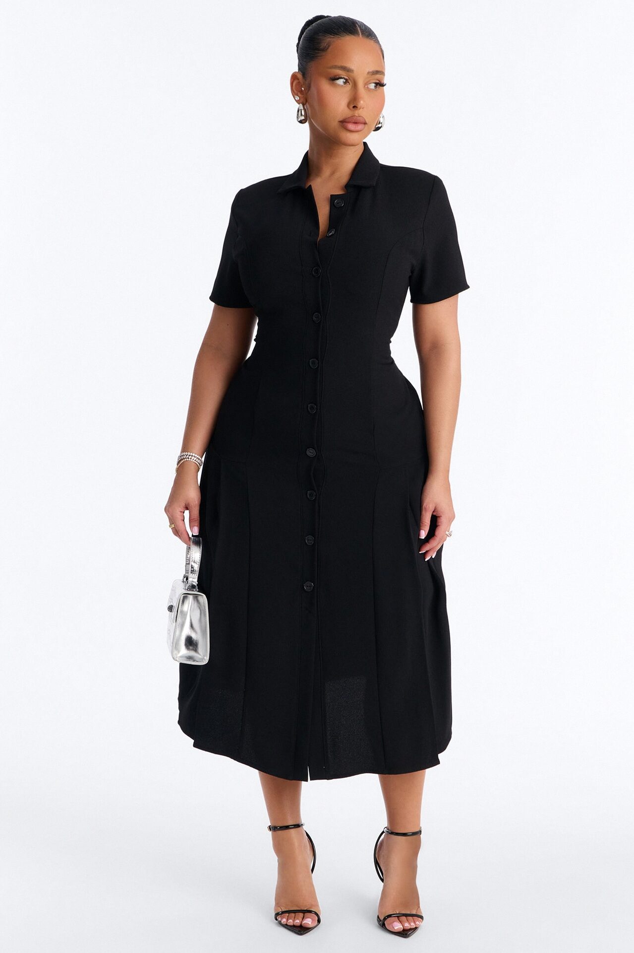 Delaney Button Up Pleated Midi Dress - Black