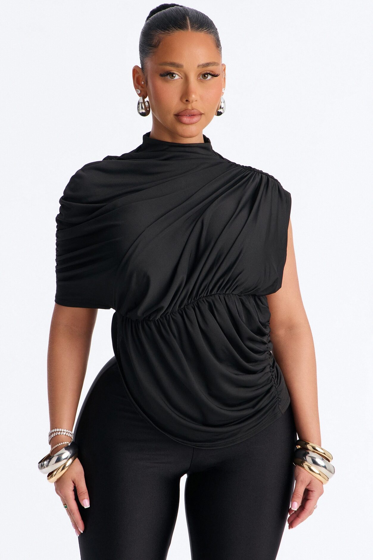 Madalyn Mock Neck Ruched Short Sleeve Top - Black