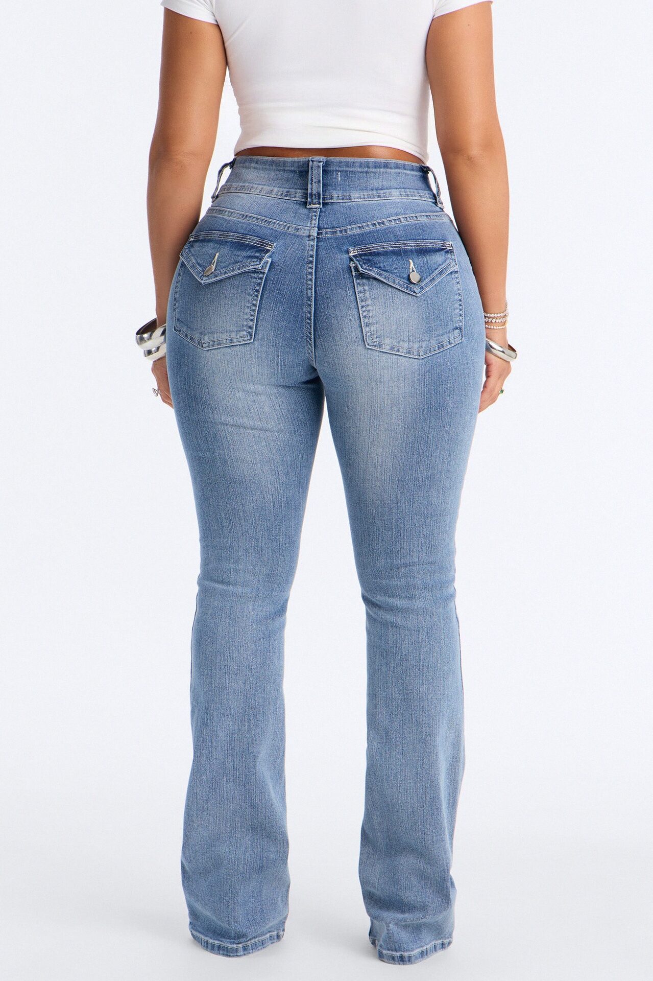 Might Go Double Button Stretch Bootcut Jeans - Medium Wash