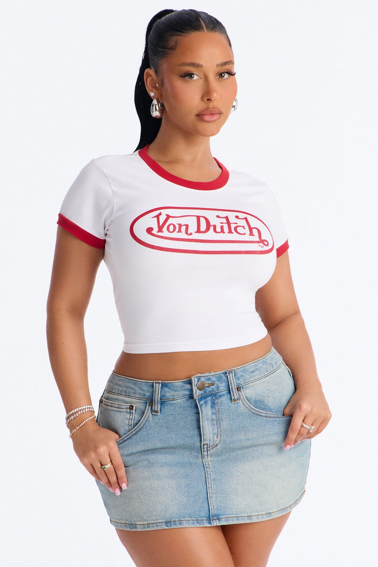 Von Dutch Rocker Ringer Cropped Tee - White