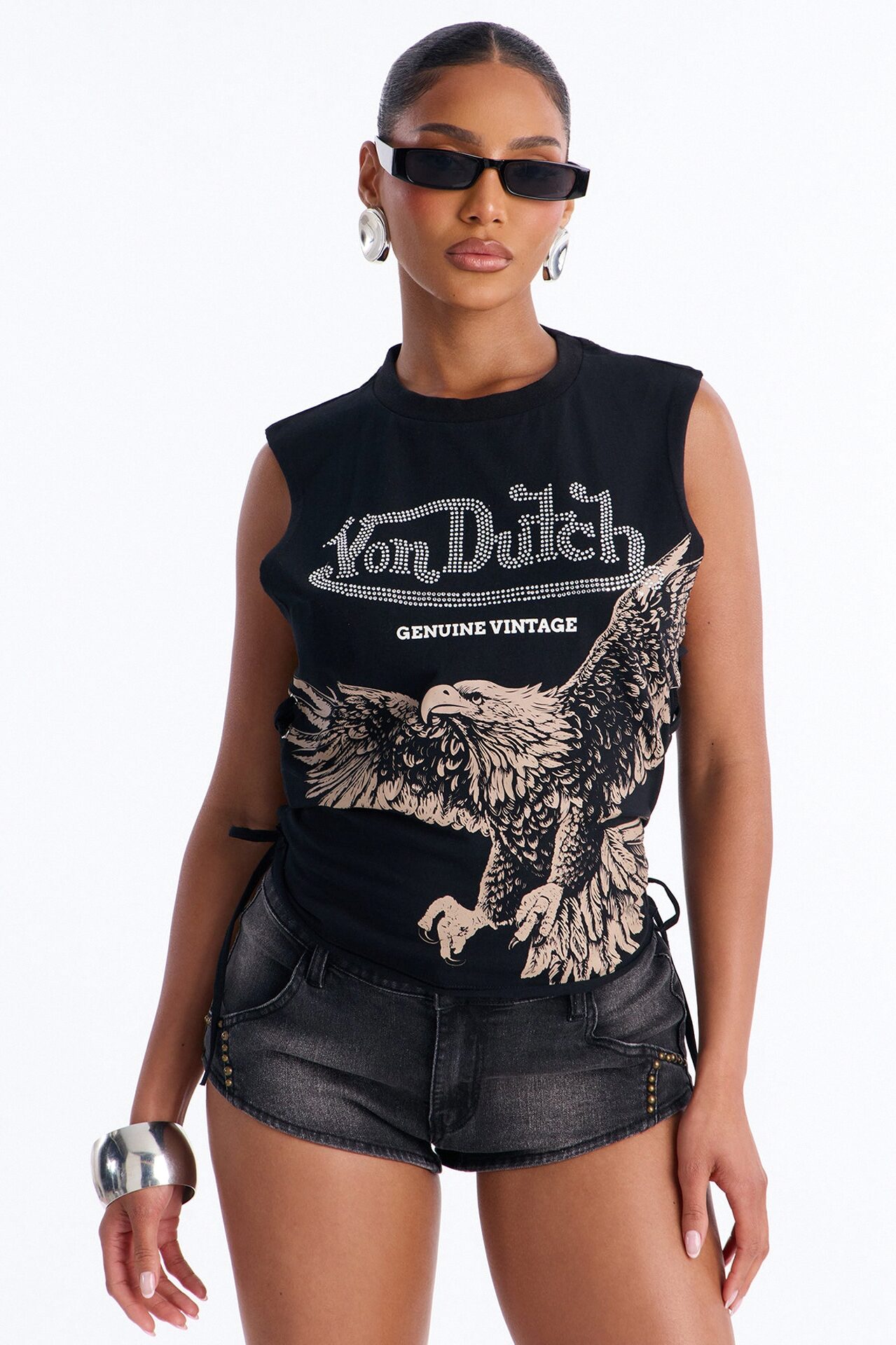 Von Dutch Rocker Rhinestone Grommet Tank Top - Black
