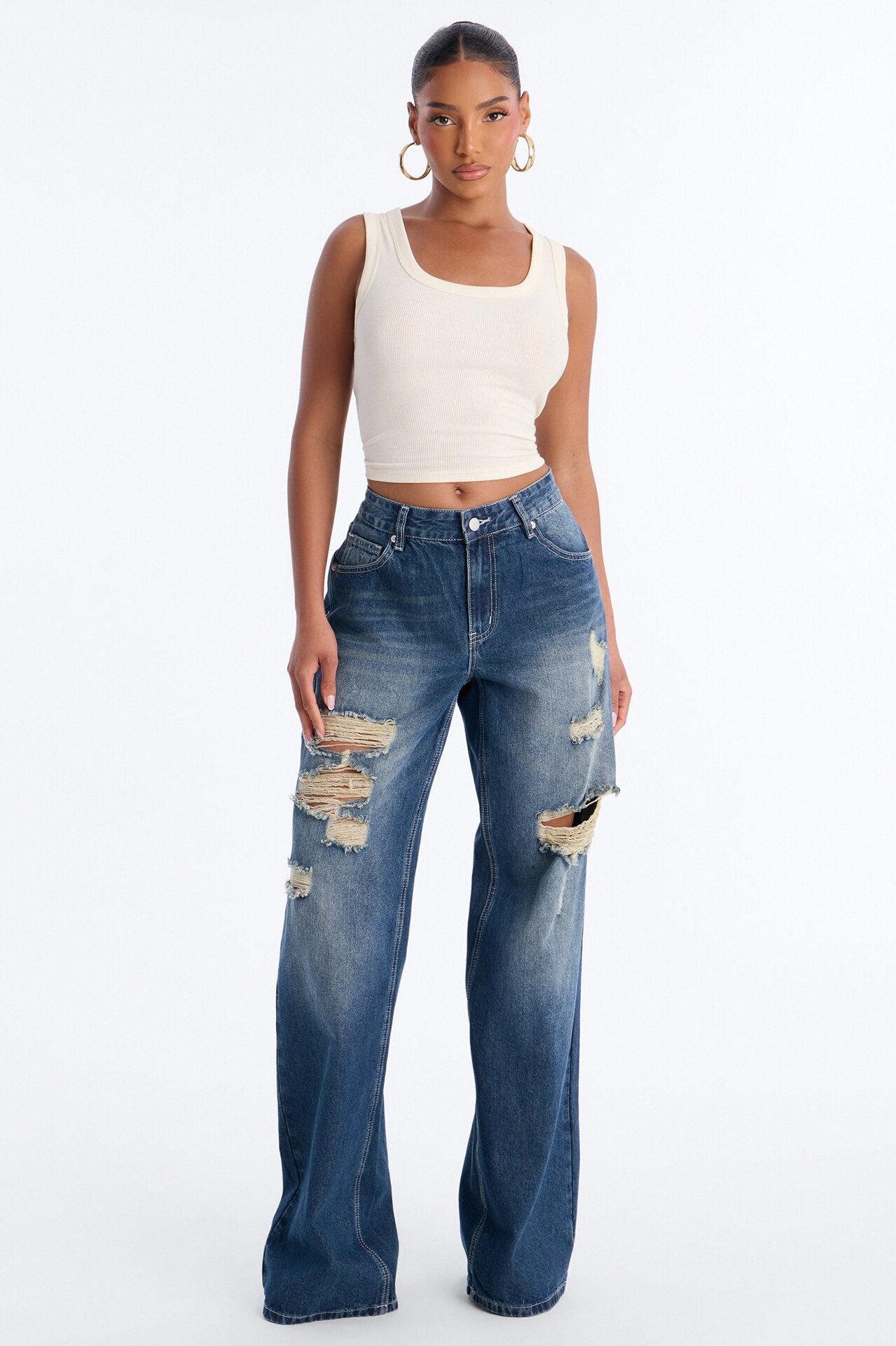 Next Time Ripped Straight Leg Jeans - Dark Wash