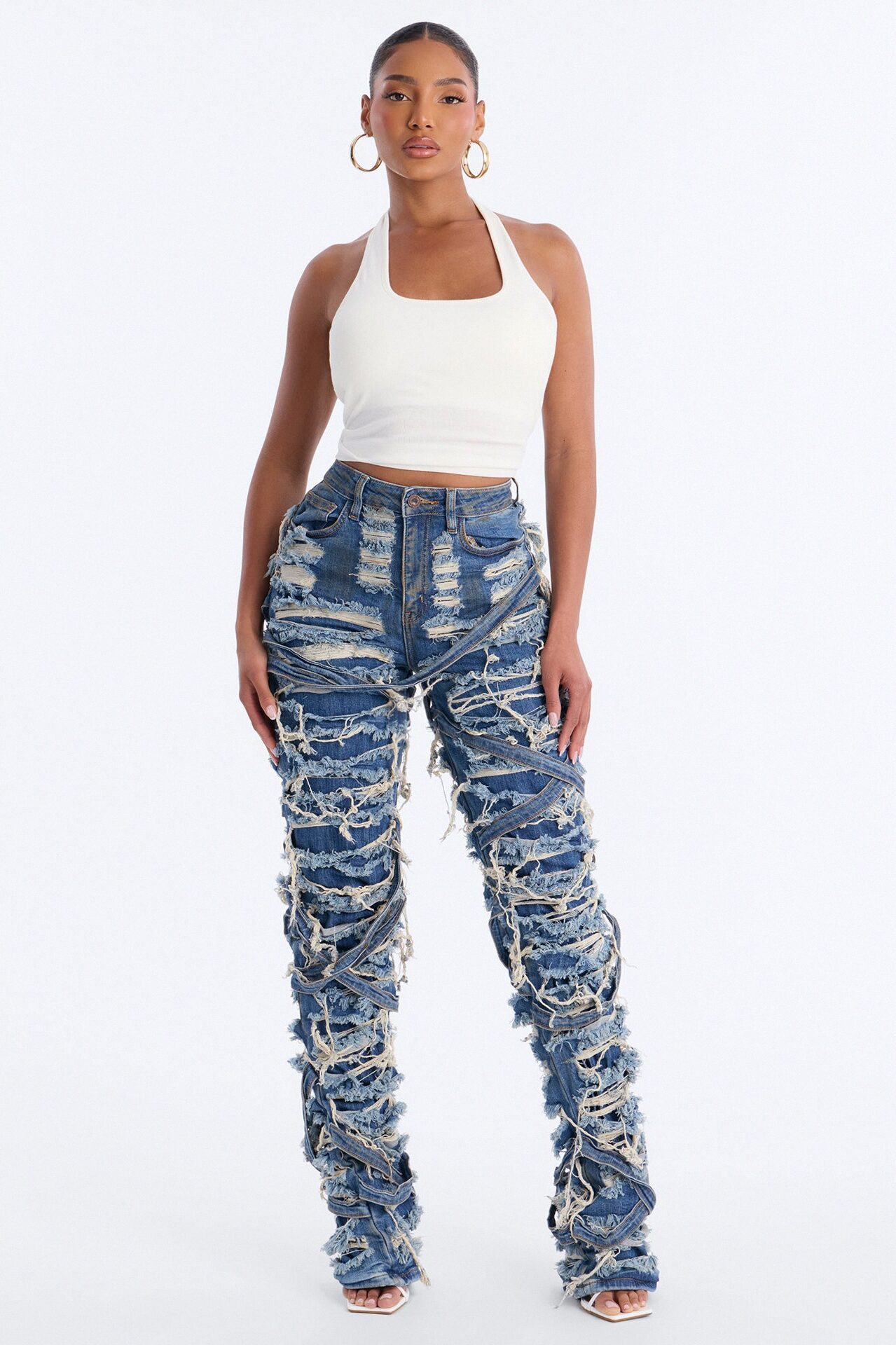 Drop It Down Shredded Straight Leg Jeans - Vintage Wash