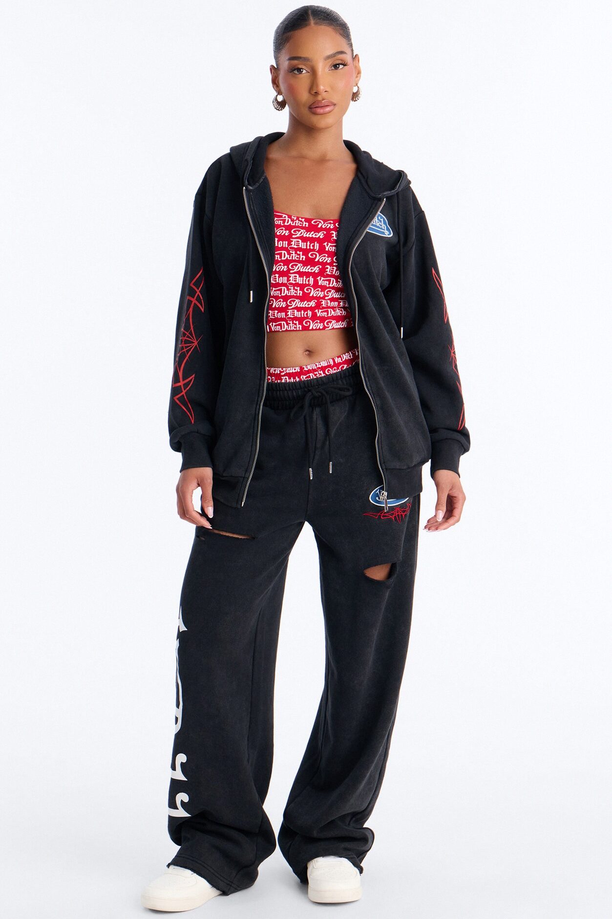 Von Dutch Logo Washed Zip Up Hoodie - Black Wash