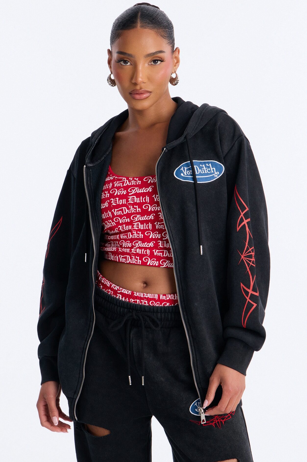 Von Dutch Logo Washed Zip Up Hoodie - Black Wash