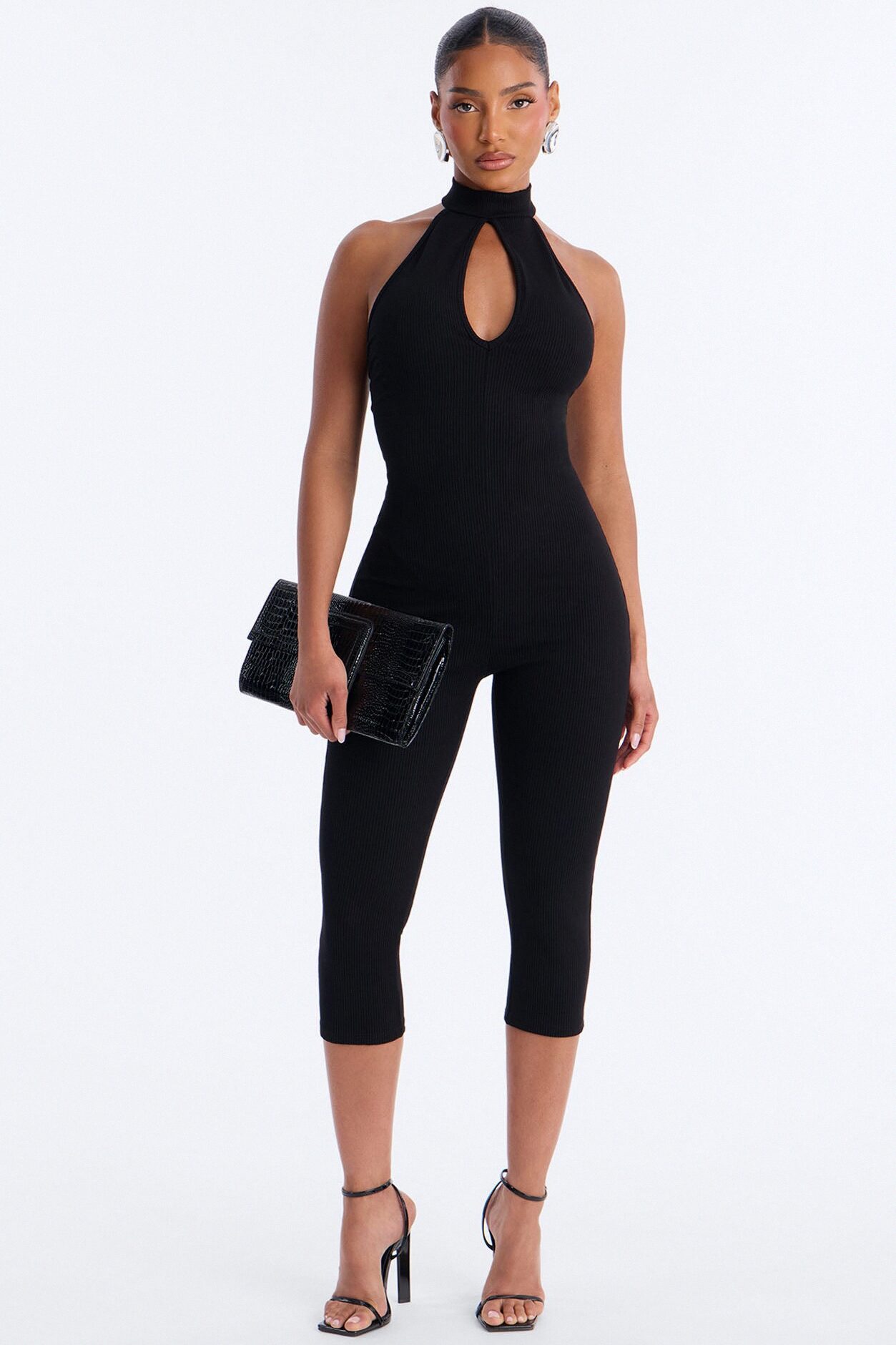 Jemma High Neck Snatched Capri Jumpsuit - Black