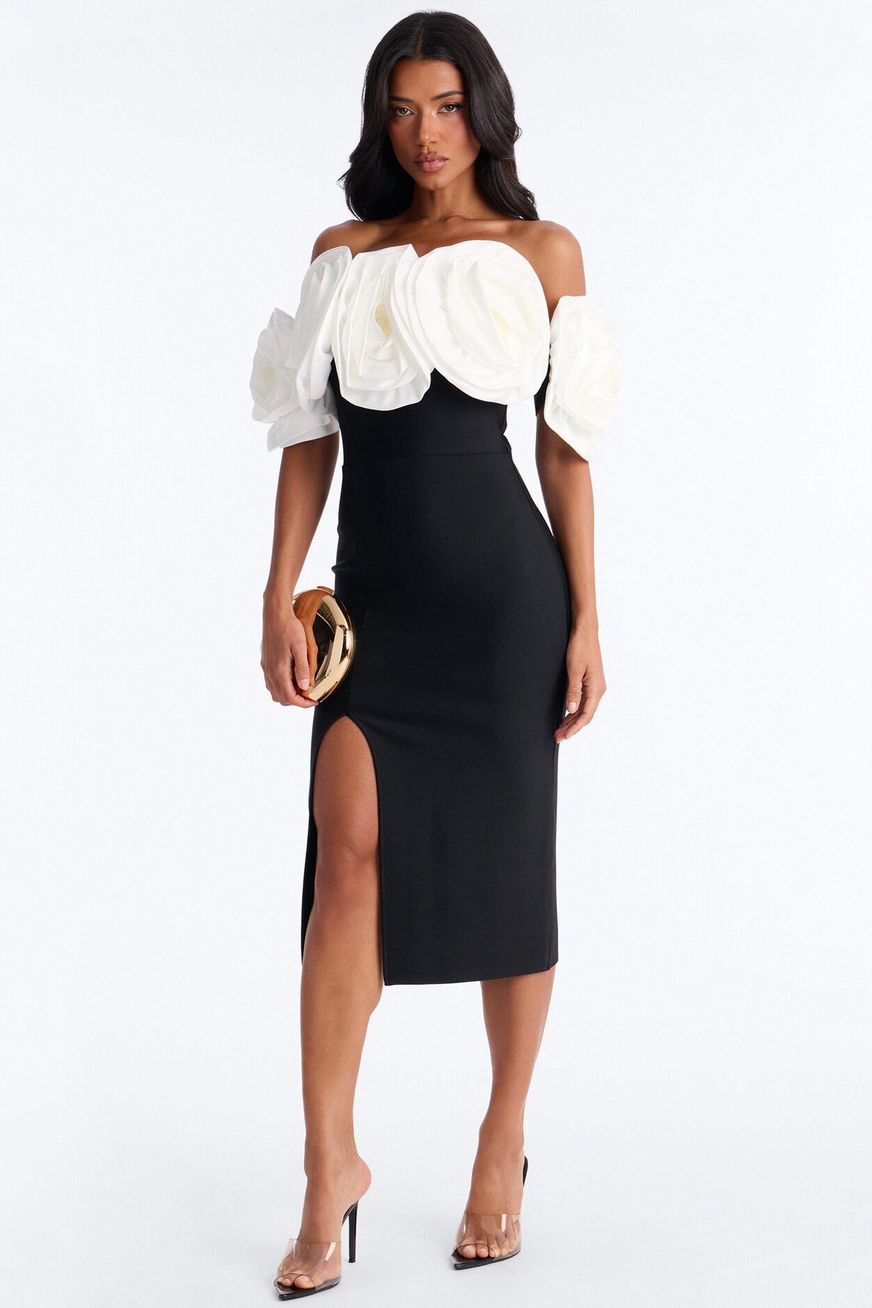 Divina Floral Bandage Midi Dress - Black/White