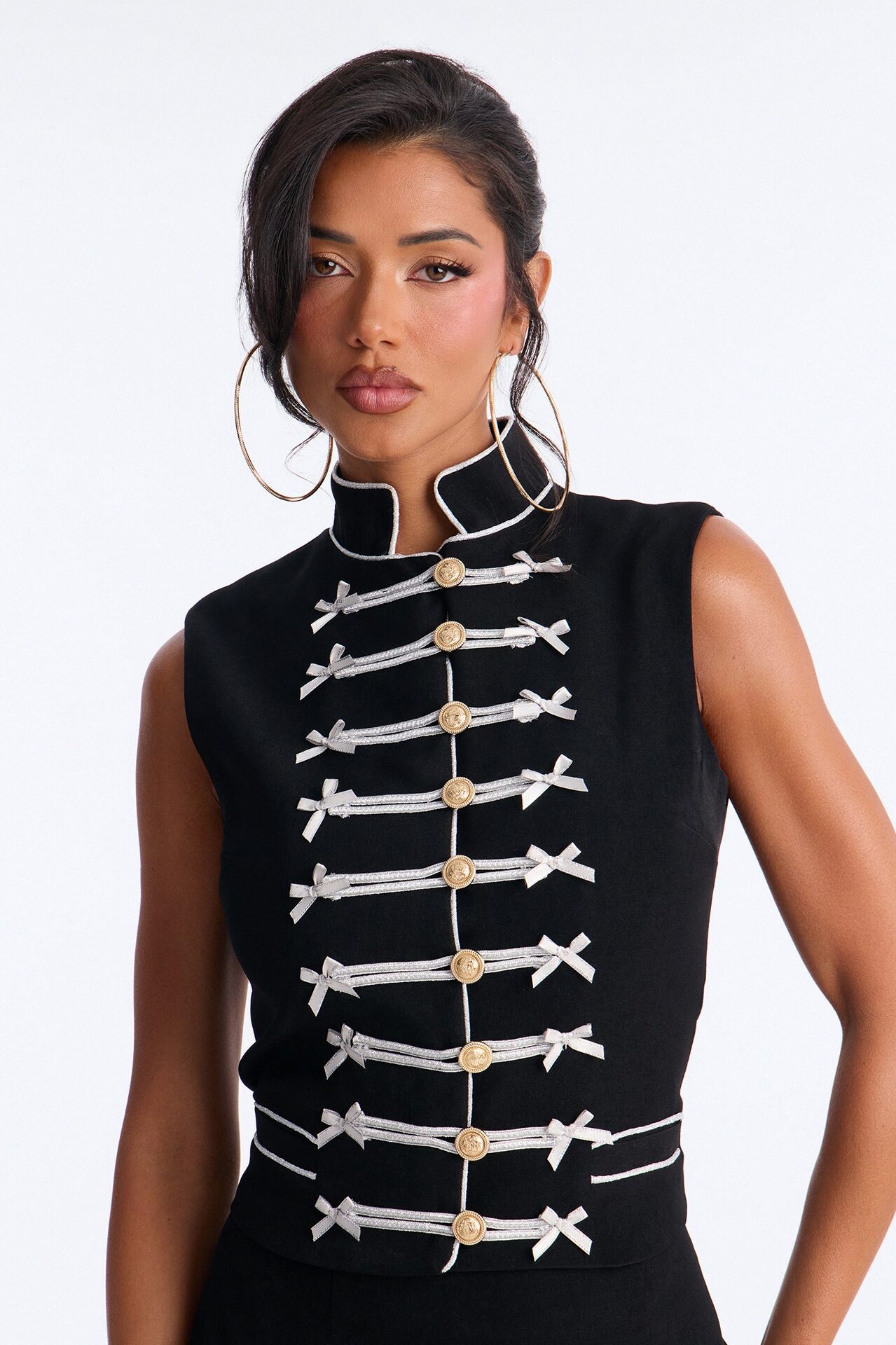 Regal Ribbon Button Up Skirt Set - Black