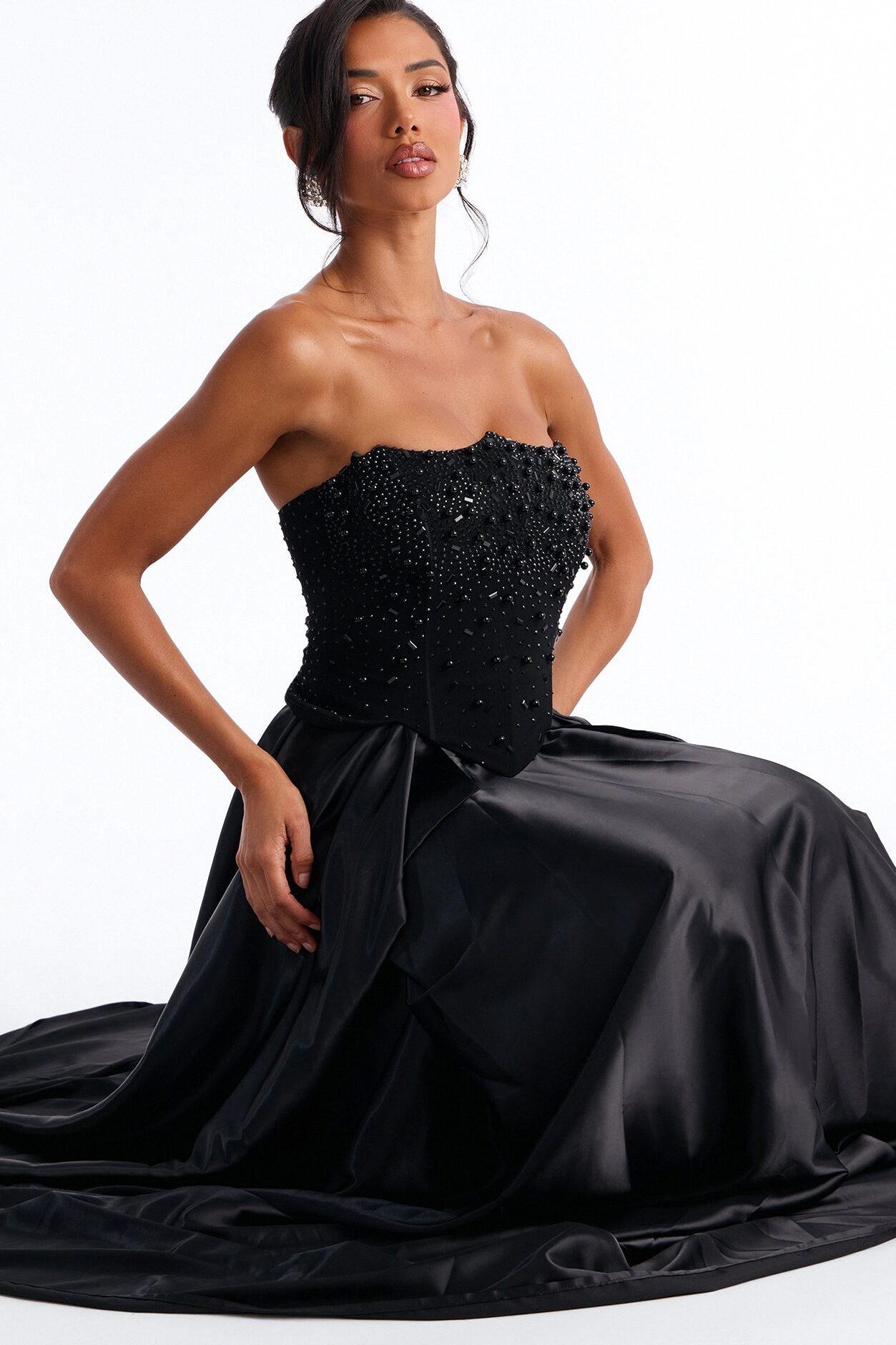Shine Bright Embellished Satin Maxi Dress - Black