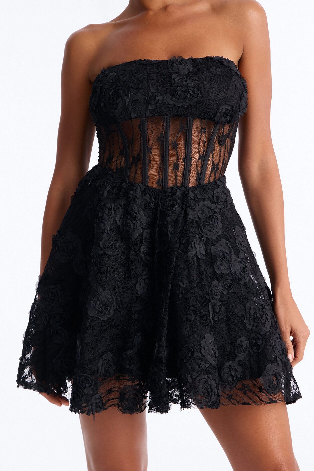 Lenora Corset Waist Lace Mini Dress - Black