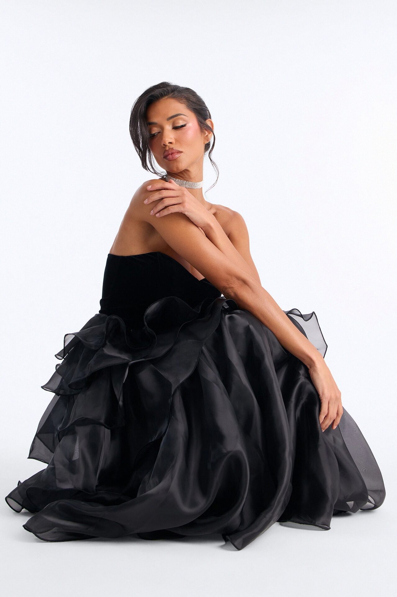 Addison Organza Tiered Gown - Black