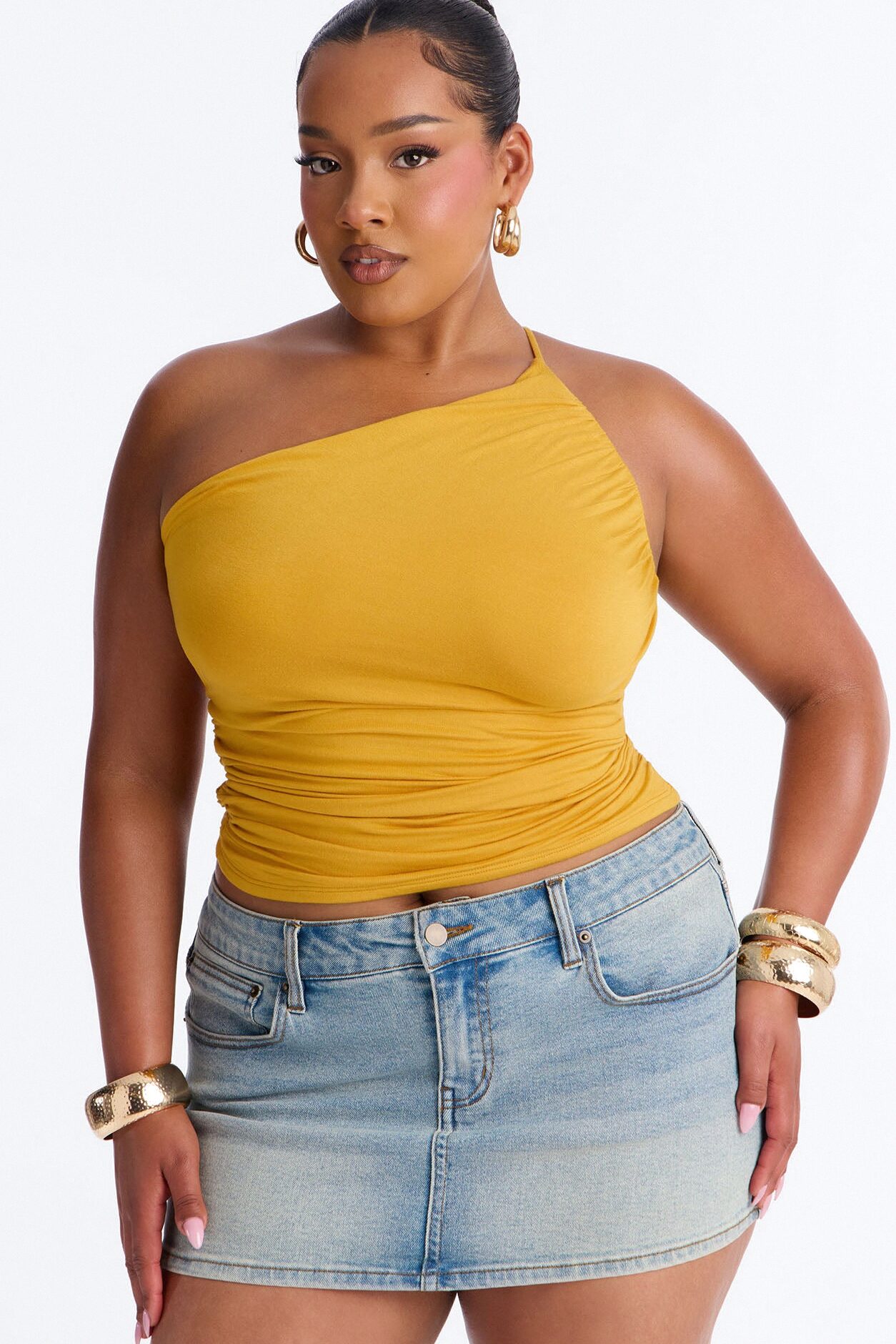 Kehlani One Shoulder Ruched Sleeveless Top - Mustard