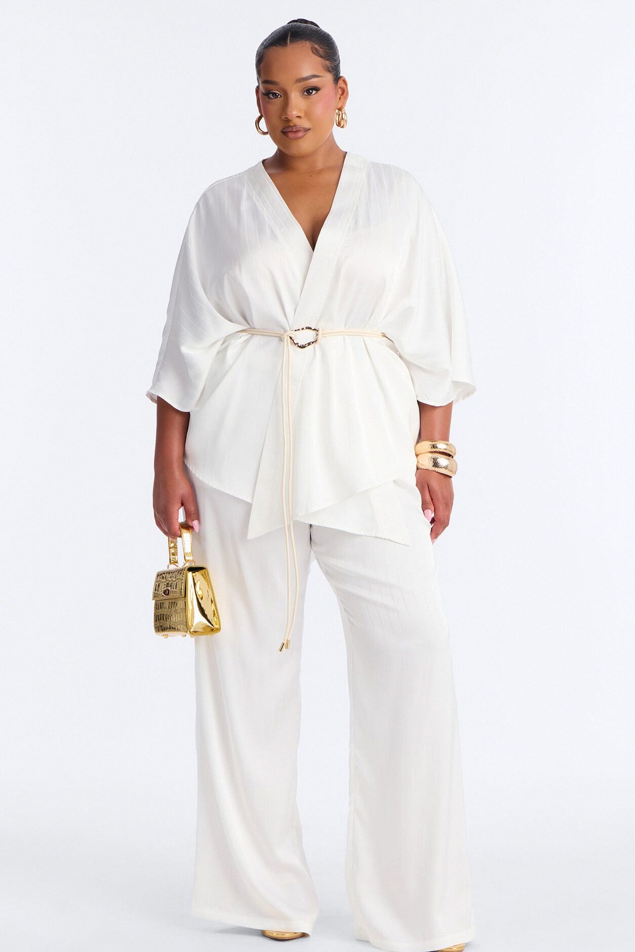 Draped In Elegance Satin 3 Piece Pant Set - Ivory