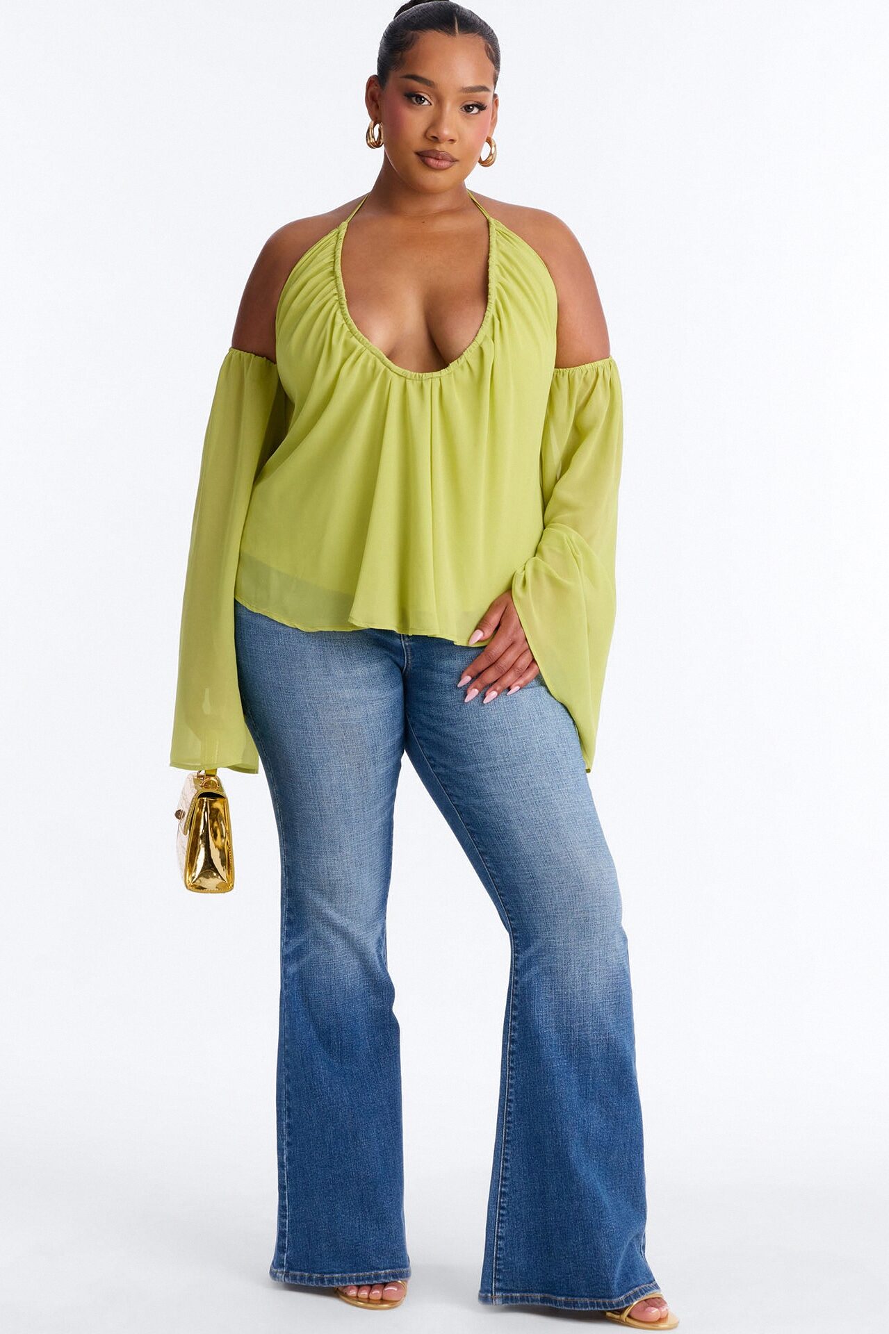 Maren Cold Shoulder Chiffon Blouse - Chartreuse