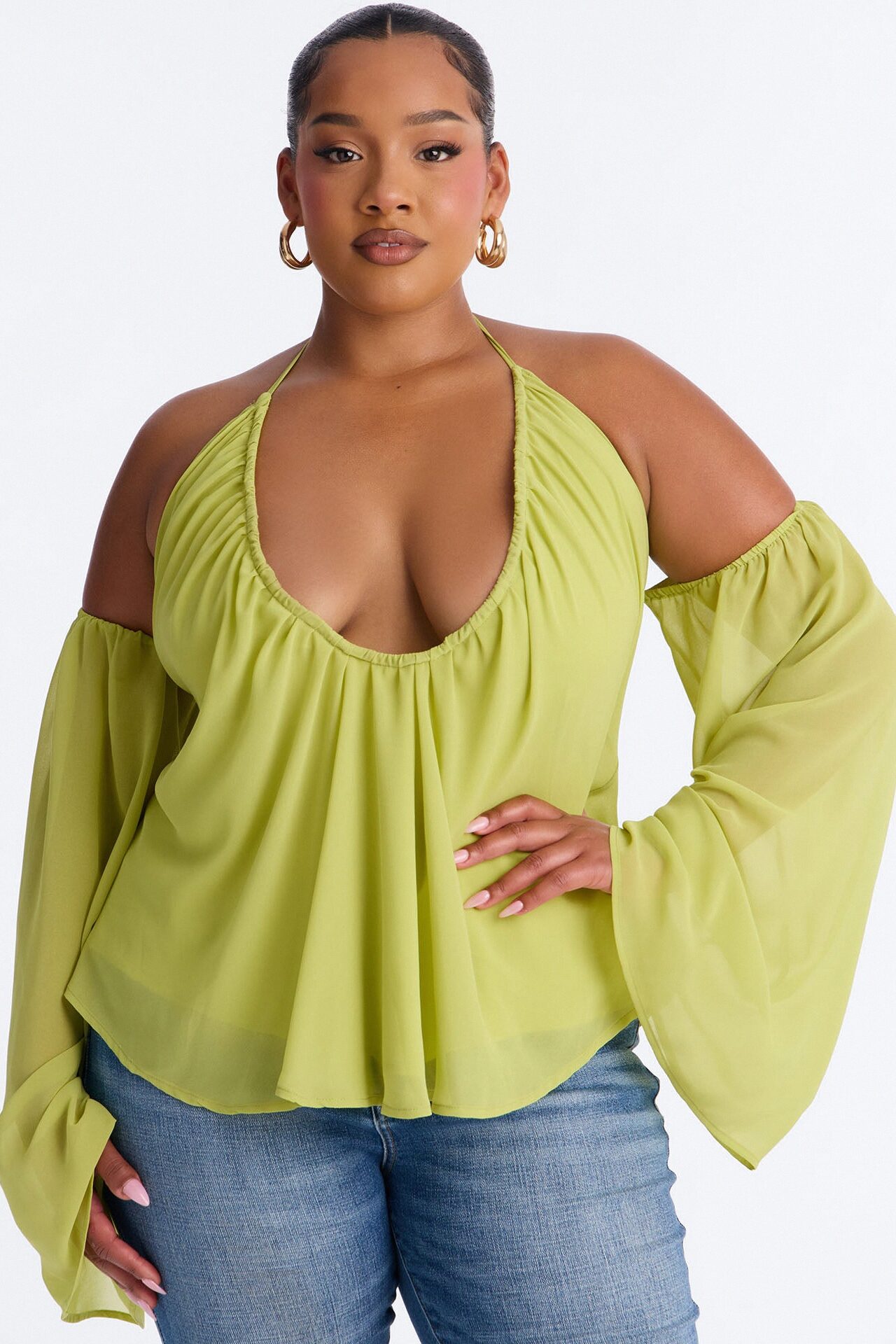 Maren Cold Shoulder Chiffon Blouse - Chartreuse