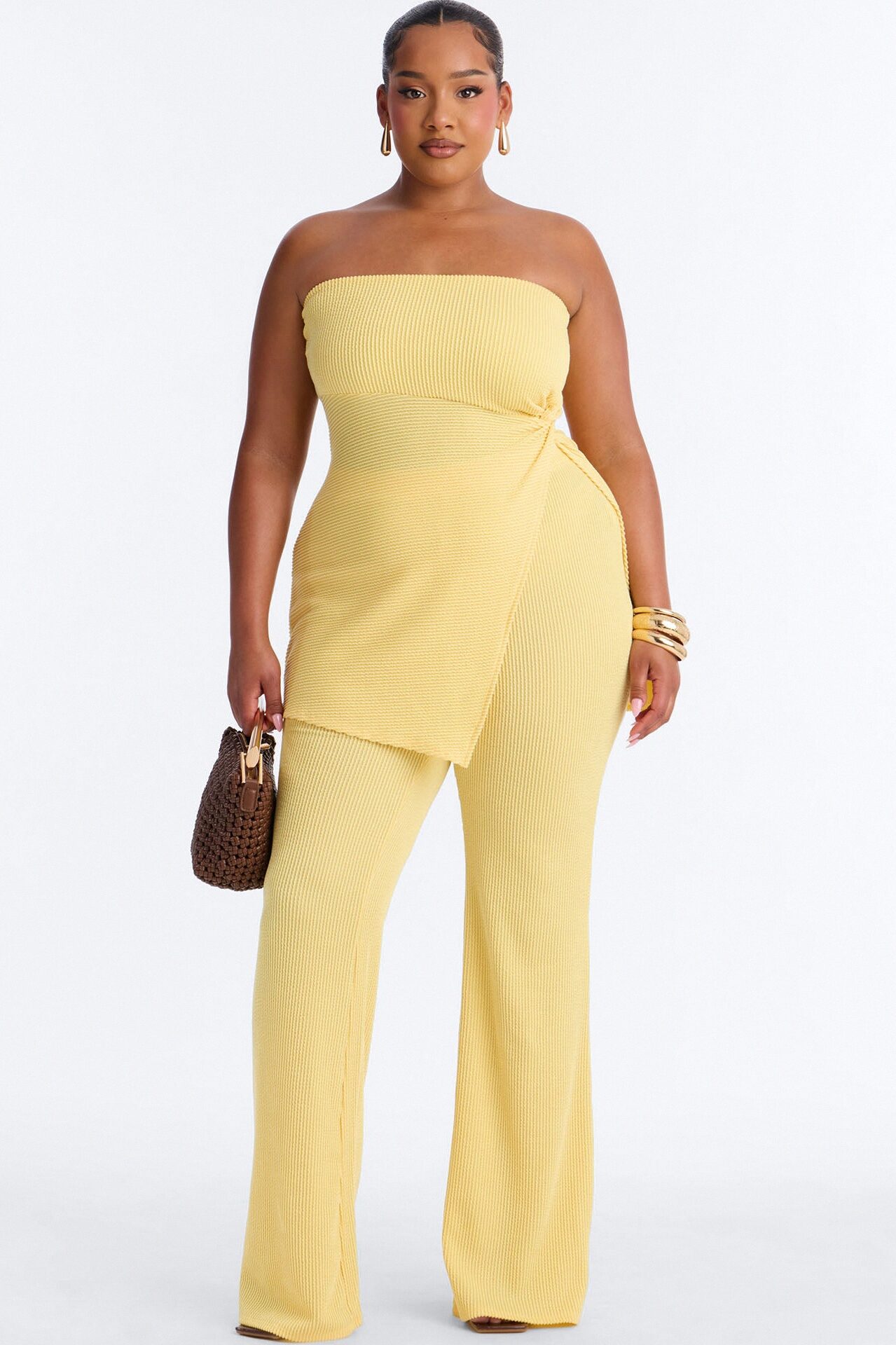 Mona Textured Strapless Flare Pant Set - Yellow